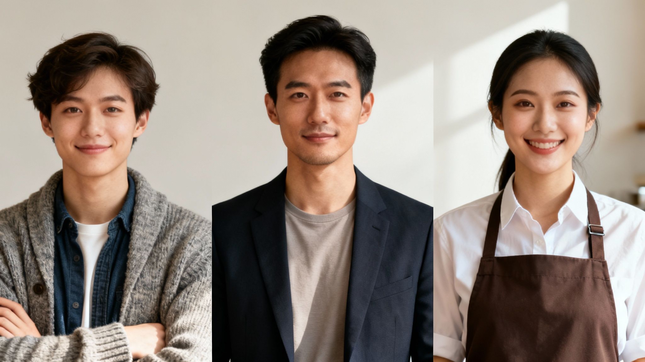 Three smiling East Asian people, two men and one woman, looking at the camera.