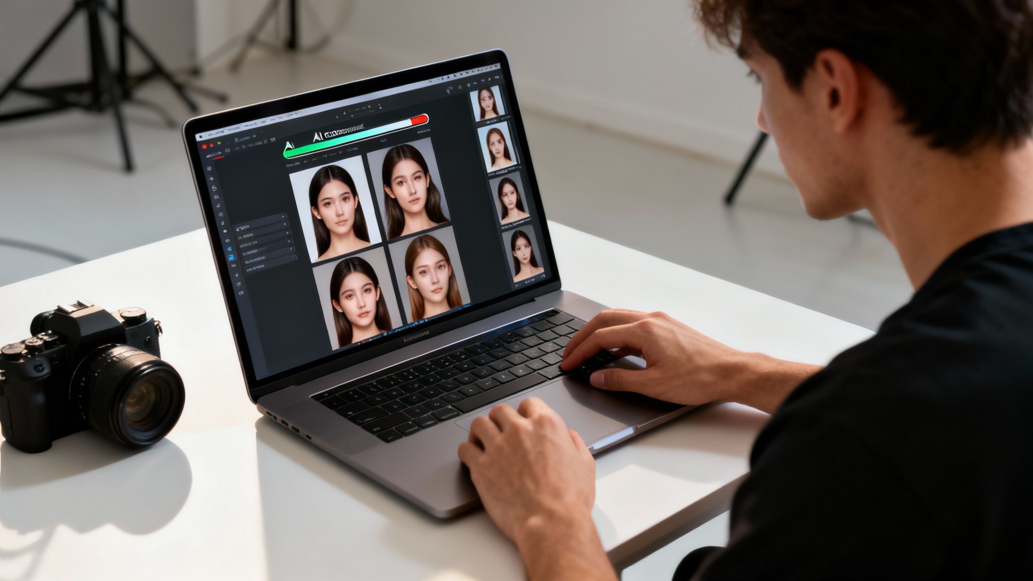 Man editing AI-generated portraits on a laptop, with a camera and studio equipment.
