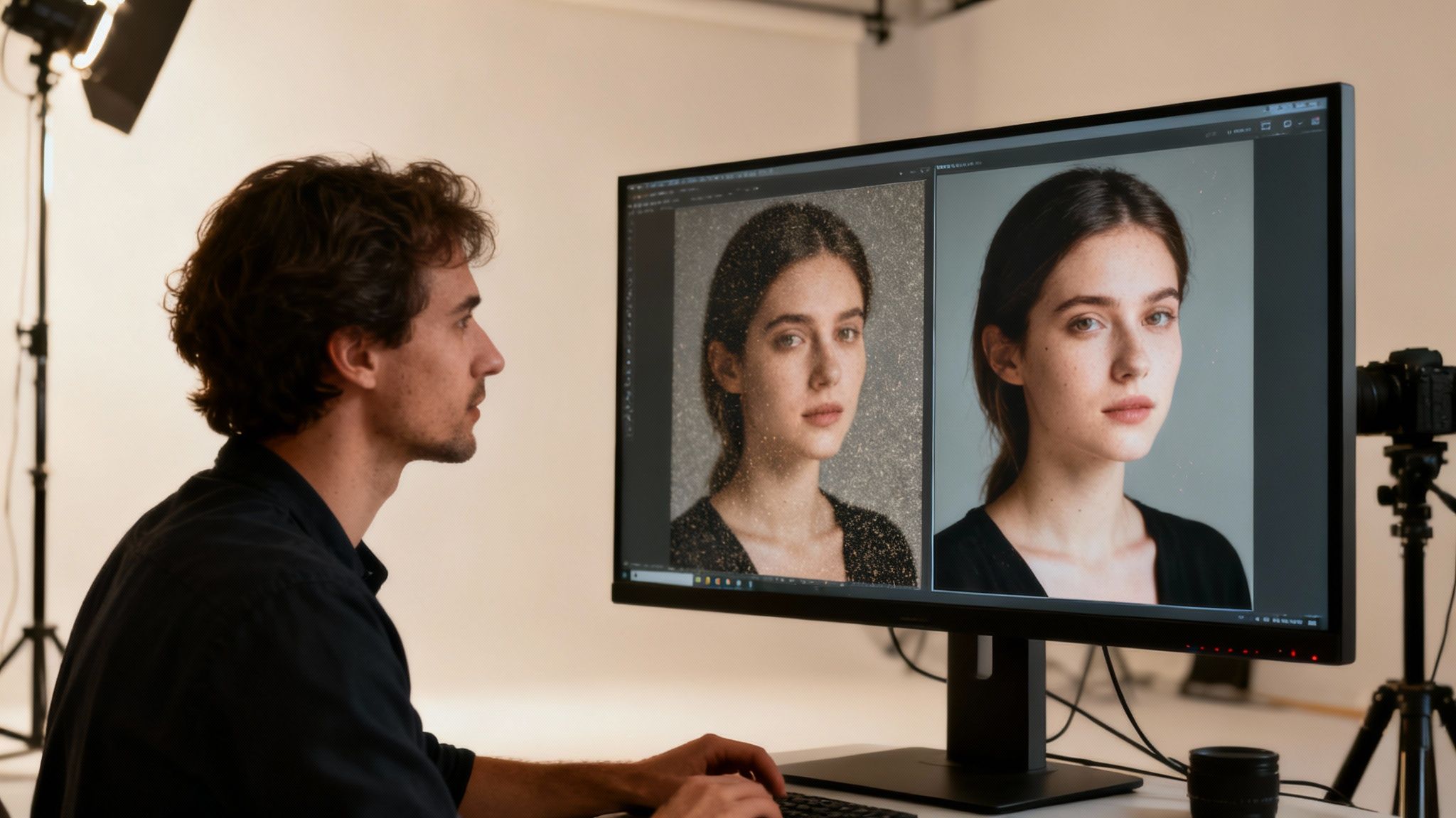 Man editing a female portrait on a monitor, showcasing AI image enhancement in a studio.