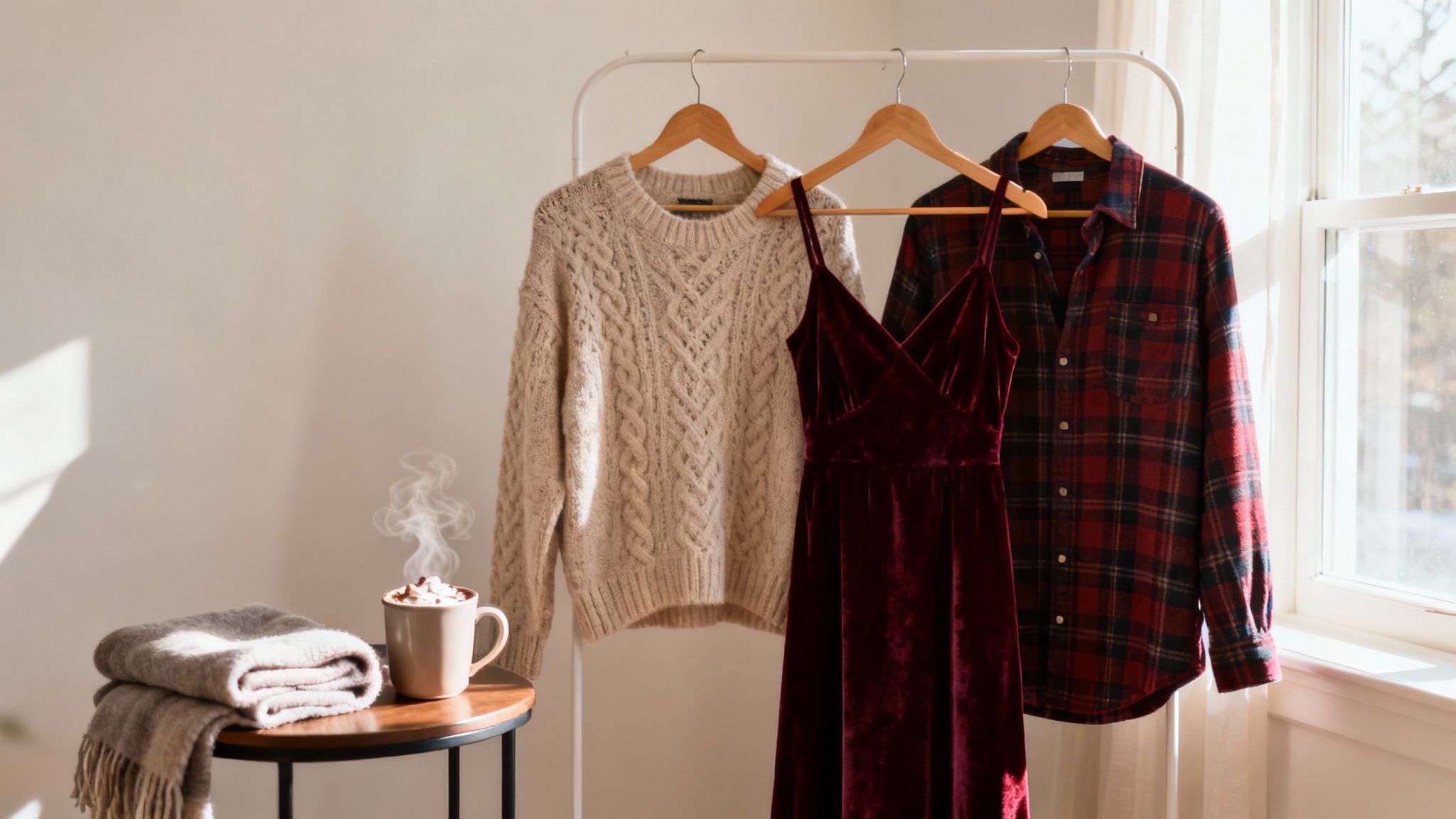 Cozy fall/winter outfits on a clothing rack, with hot cocoa and a warm blanket on a side table.