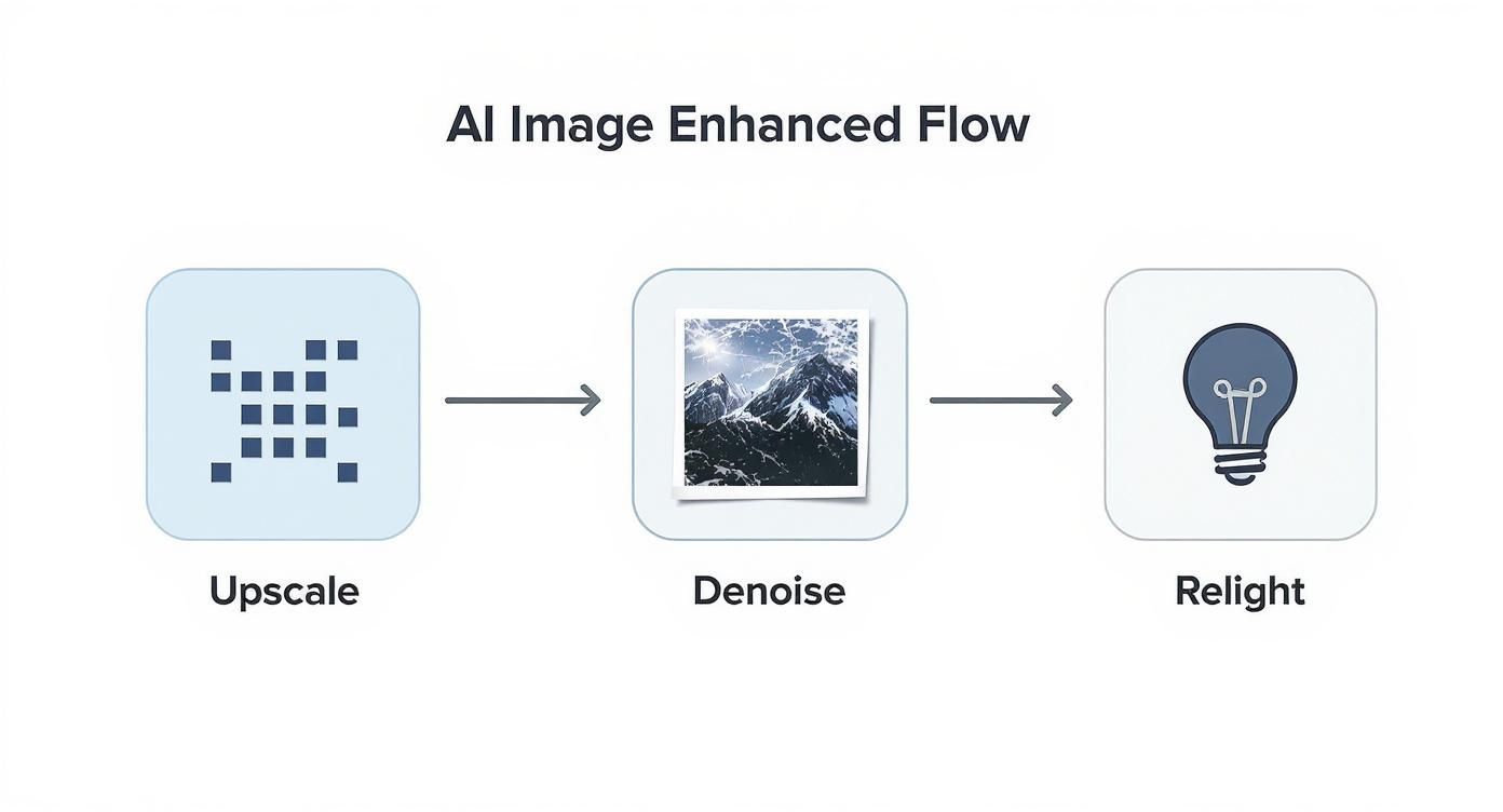 A flowchart detailing the AI image enhancement process, showing steps: upscale, denoise, and relight.