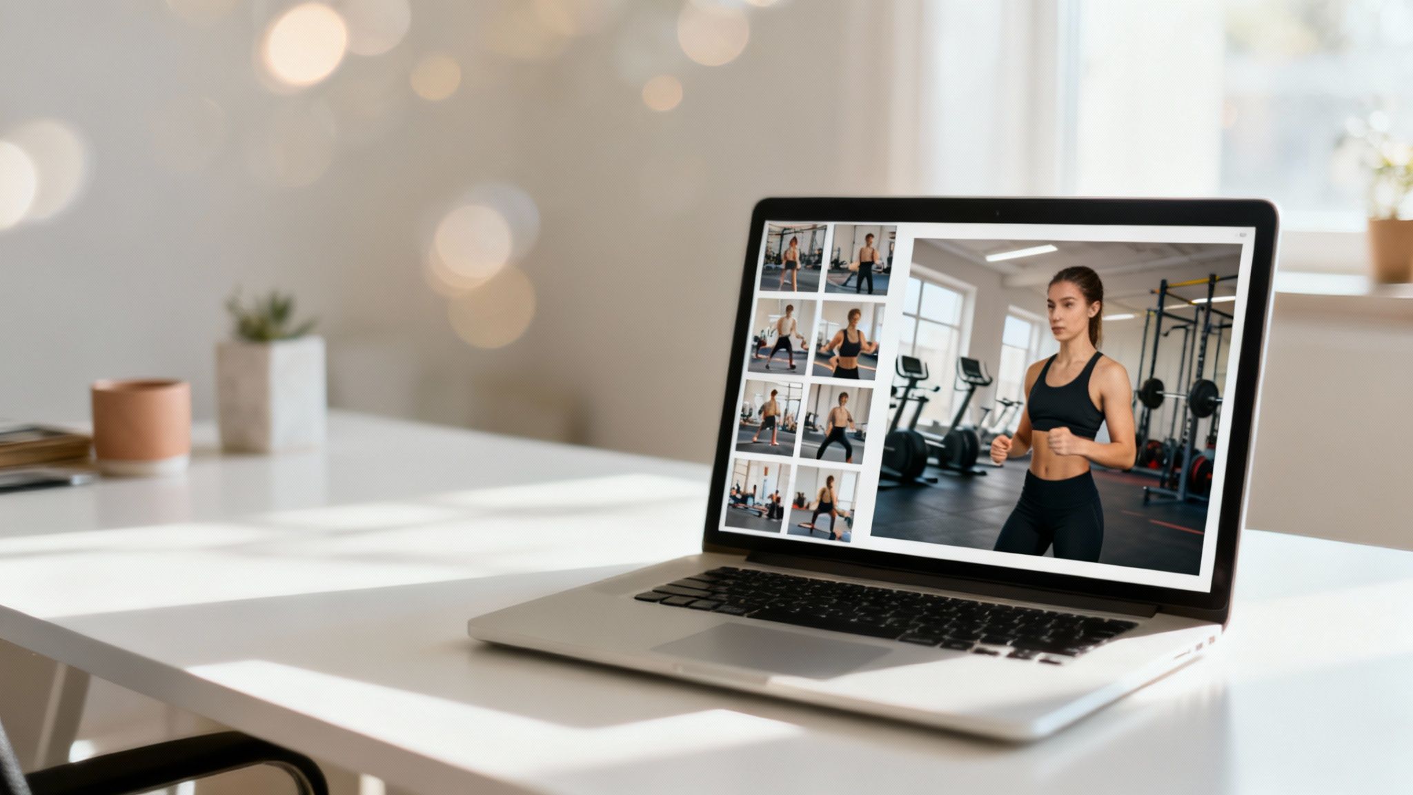 A laptop on a white desk displays an online fitness video featuring a woman exercising in a gym.