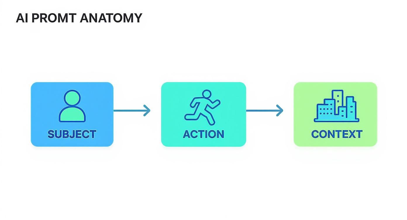 An instructional diagram explaining the anatomy of an AI prompt with subject, action, and context steps.