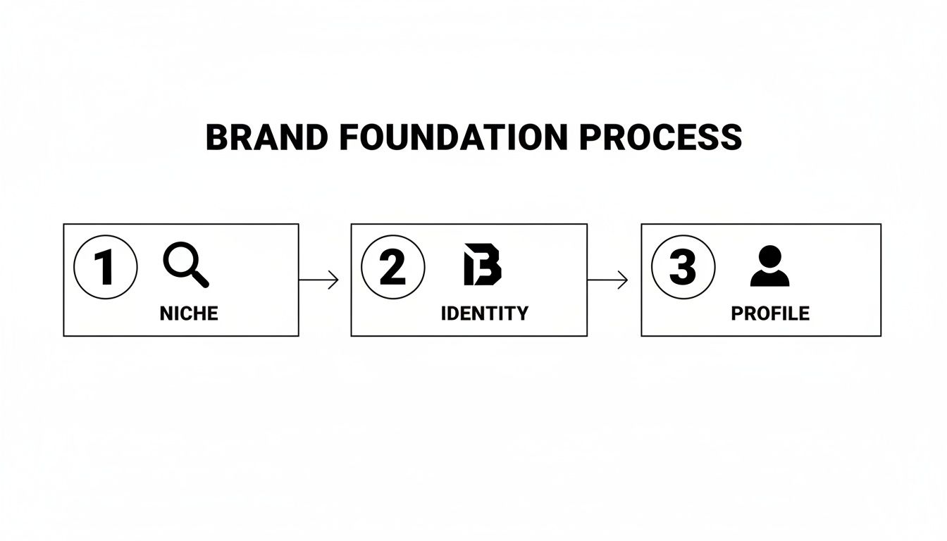 A flowchart illustrating the three-step Brand Foundation Process: Niche, Identity, and Profile.