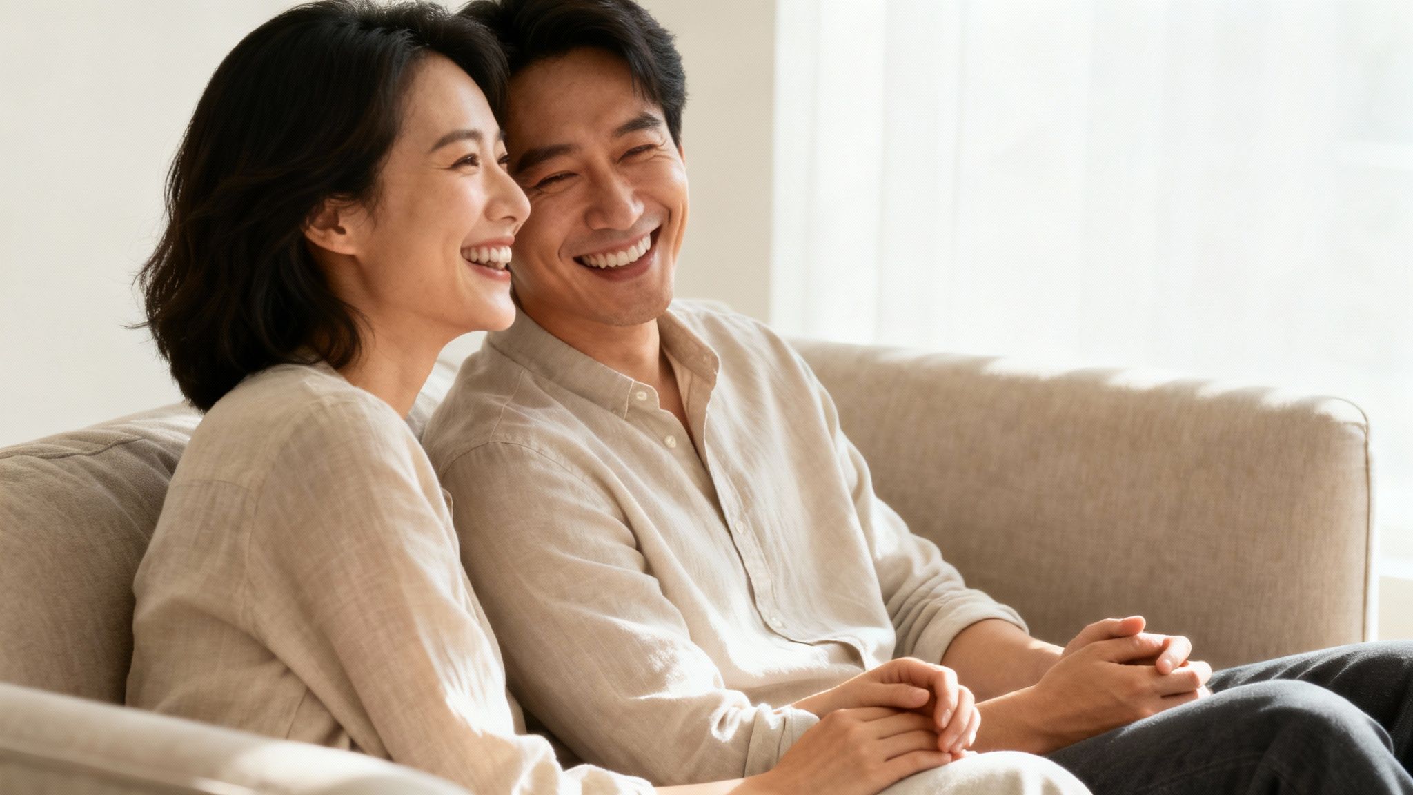 A happy Asian couple laughing and smiling while sitting comfortably on a sofa at home.
