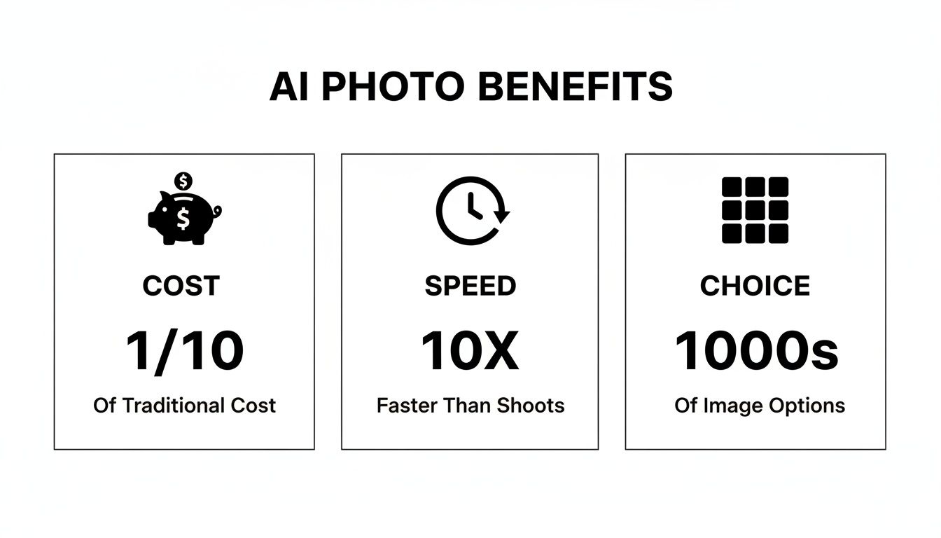 Infographic detailing AI photo benefits: 1/10 cost, 10x faster speed, and thousands of image choices.