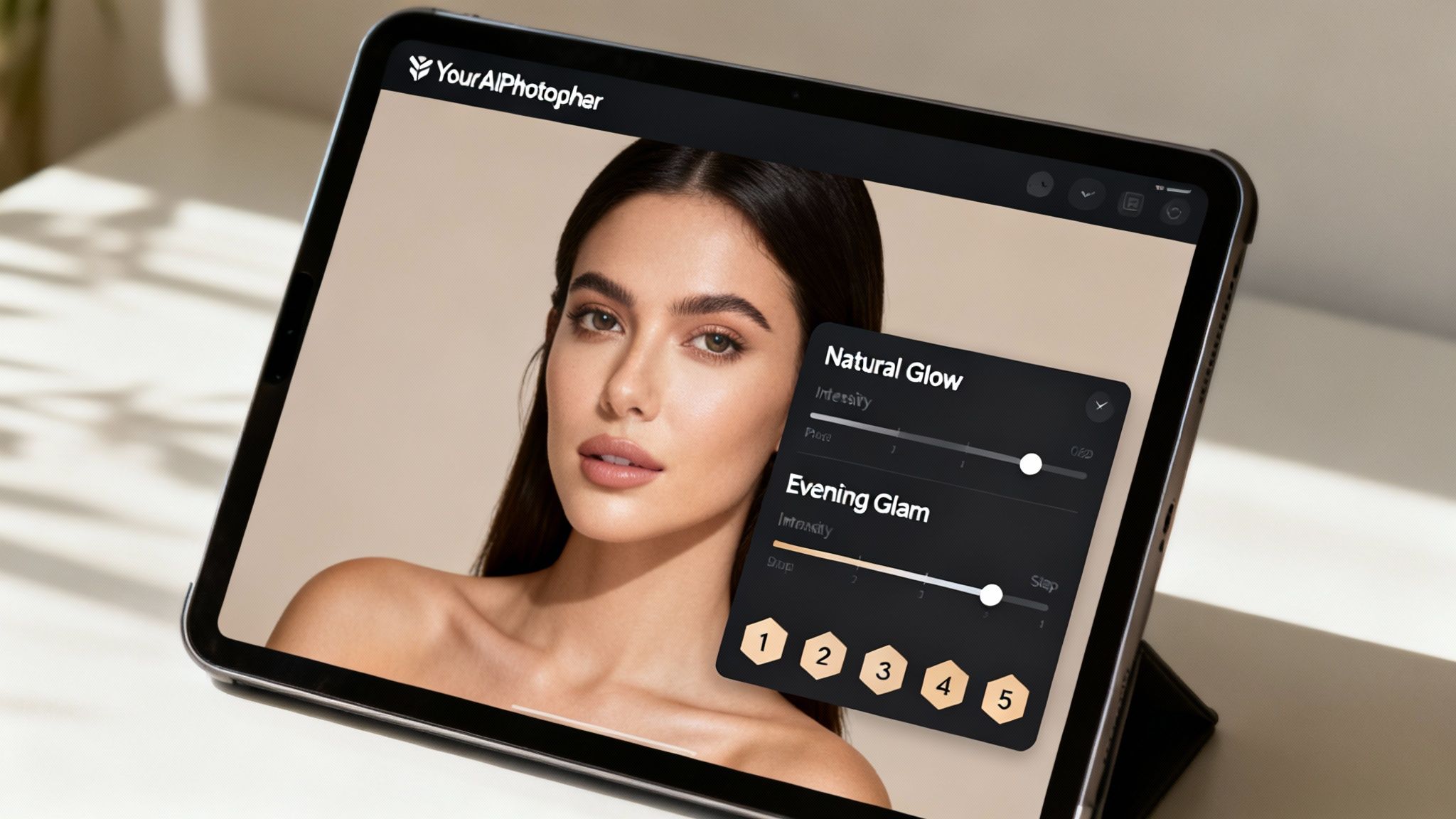 AI photo editing app on a tablet displaying a woman's portrait with glow and glam settings.
