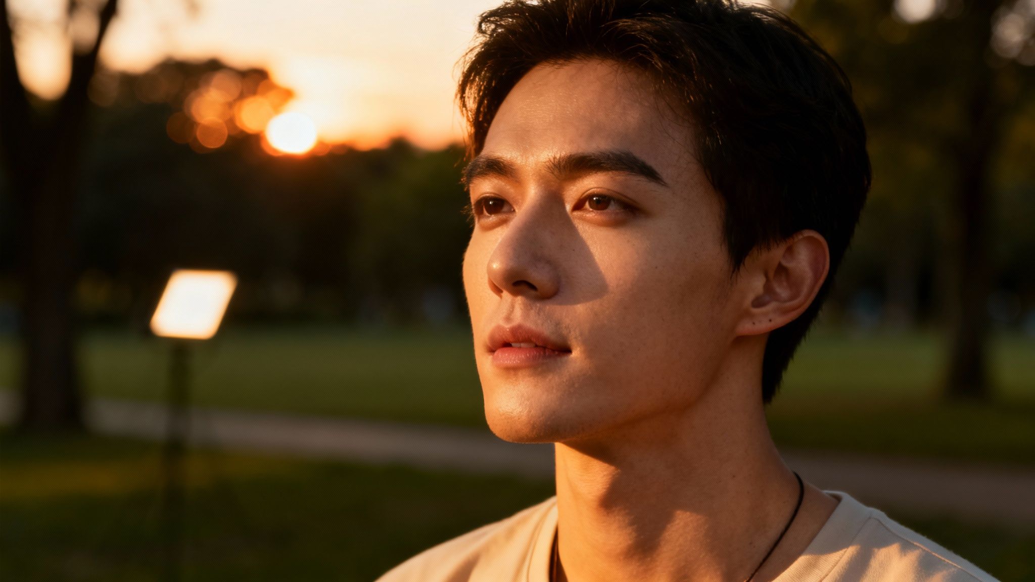 A young man with dark hair looking away, bathed in a beautiful golden hour glow outdoors.