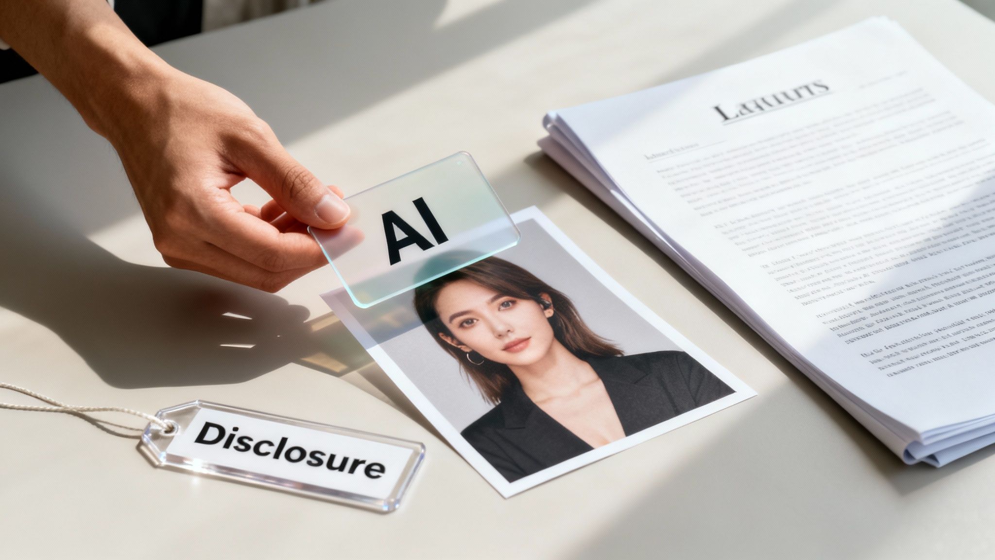 Hand holding an 'AI' card over a photo of a woman, with a 'Disclosure' tag and 'Lawsuits' documents.