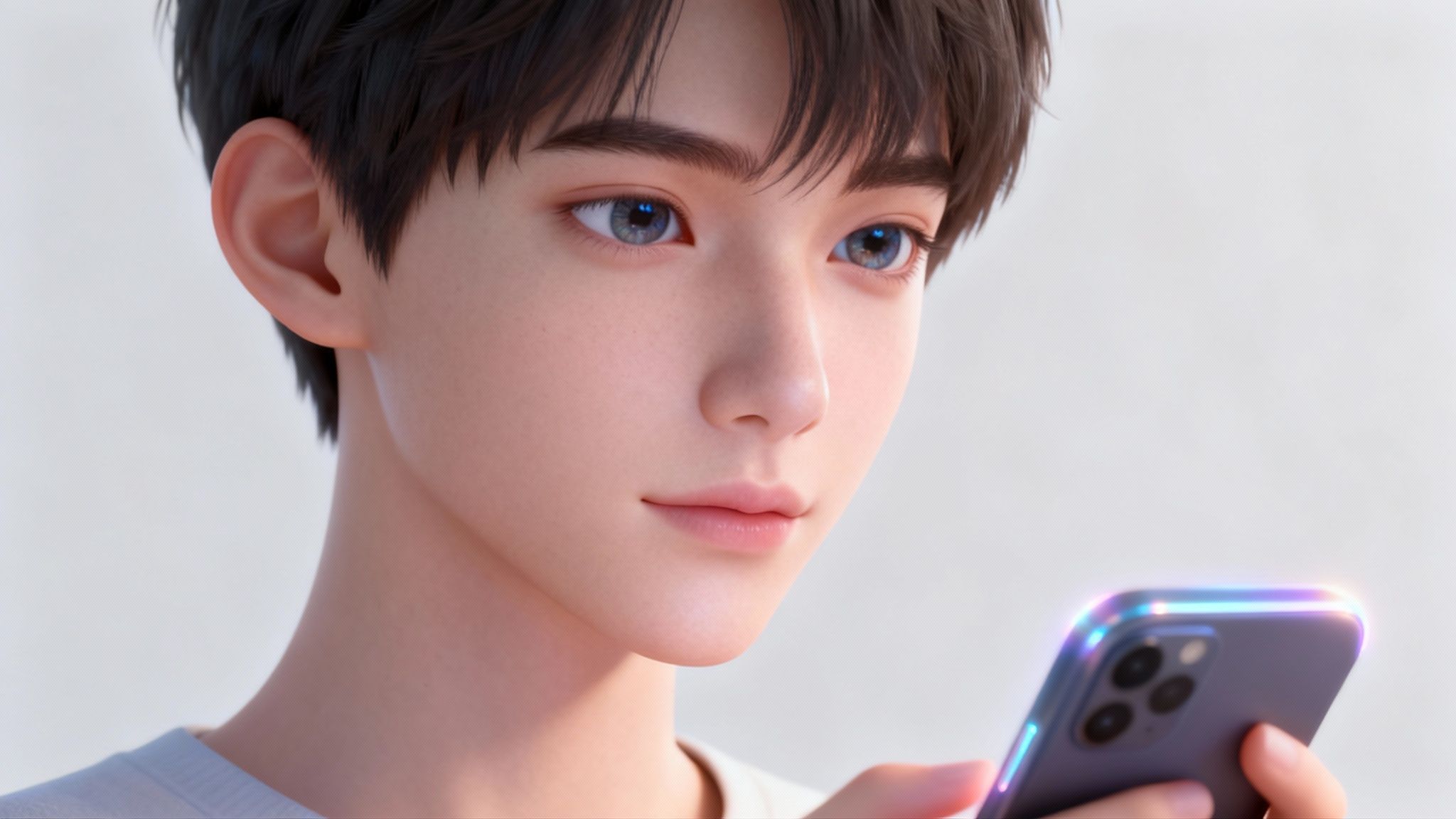 Close-up of an AI-generated young person with blue eyes looking at a glowing smartphone.