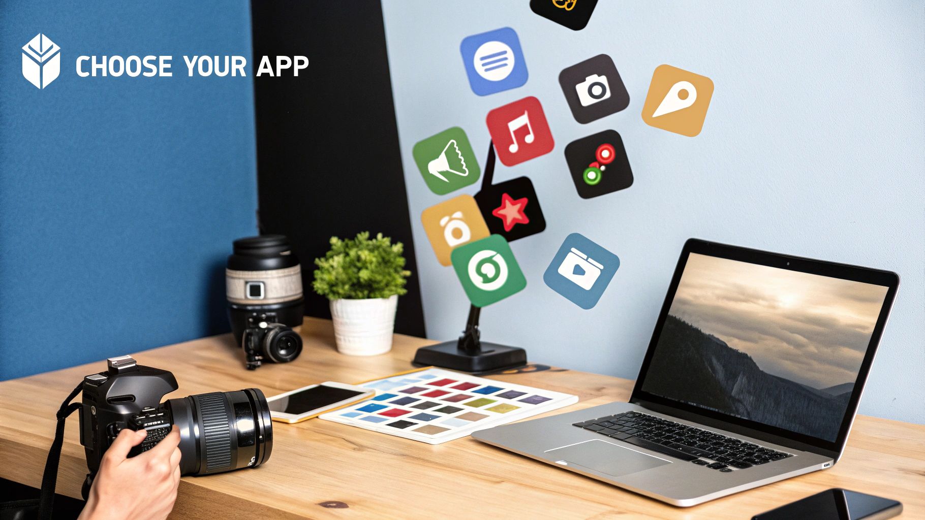 A person at a desk thoughtfully comparing different AI photo apps on a tablet and phone.