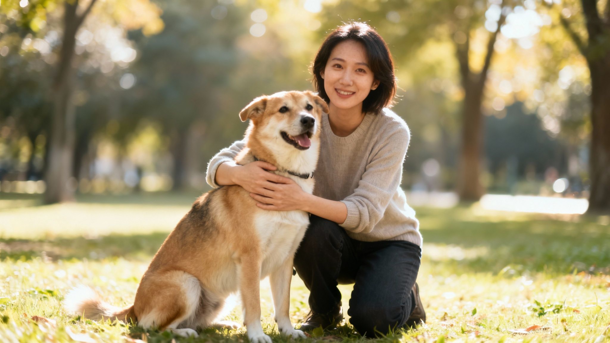 Smiling Asian woman kneeling on grass, hugging her happy brown and white dog in a sunny park.