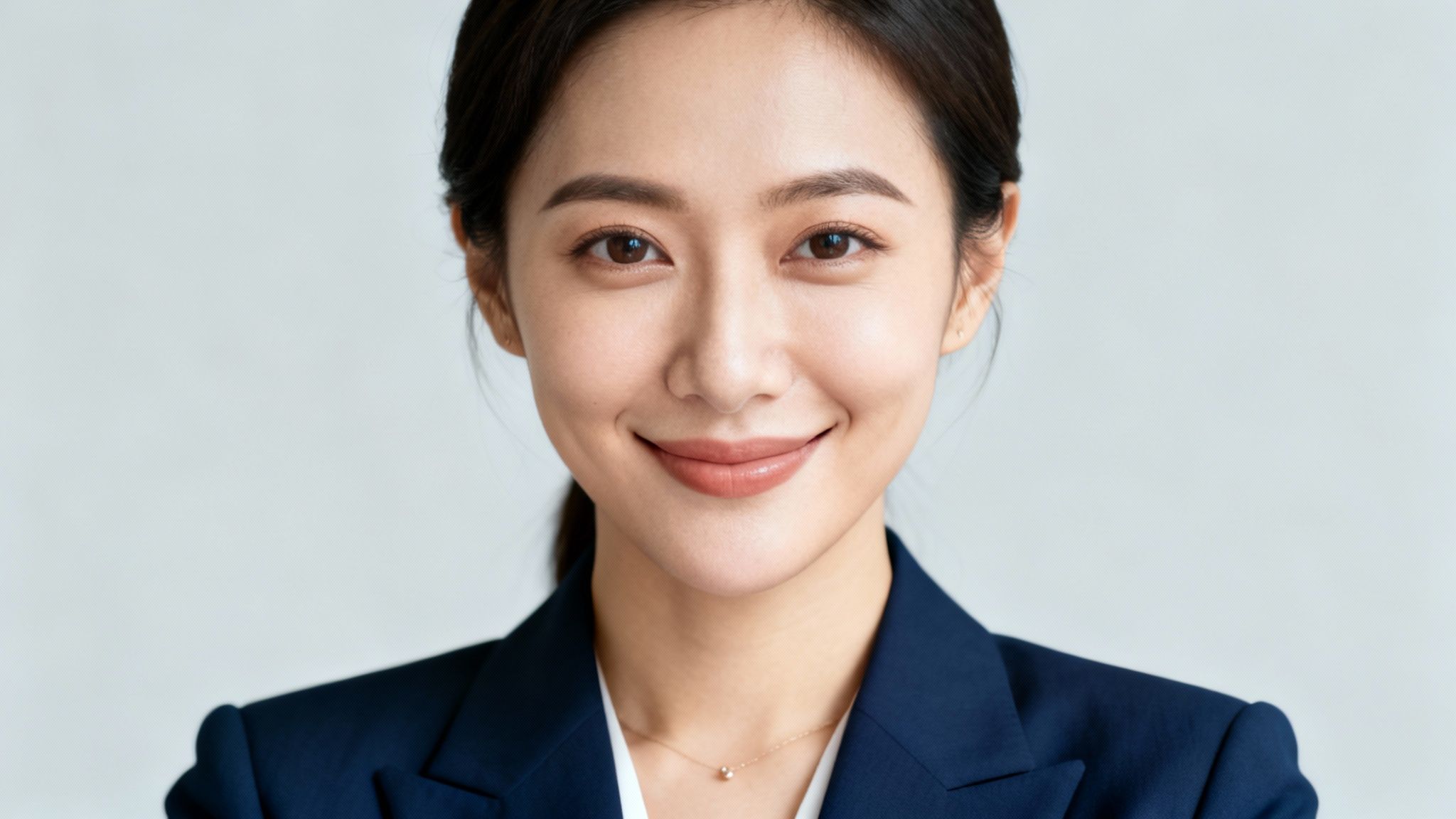 A professional headshot of a smiling young Asian woman in a dark blue blazer.
