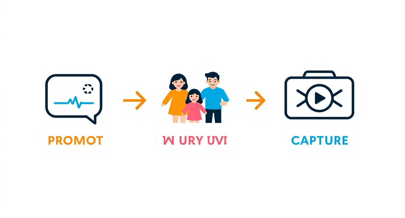 A three-step diagram showing icons for promotion, a family, and media capture, connected by arrows.