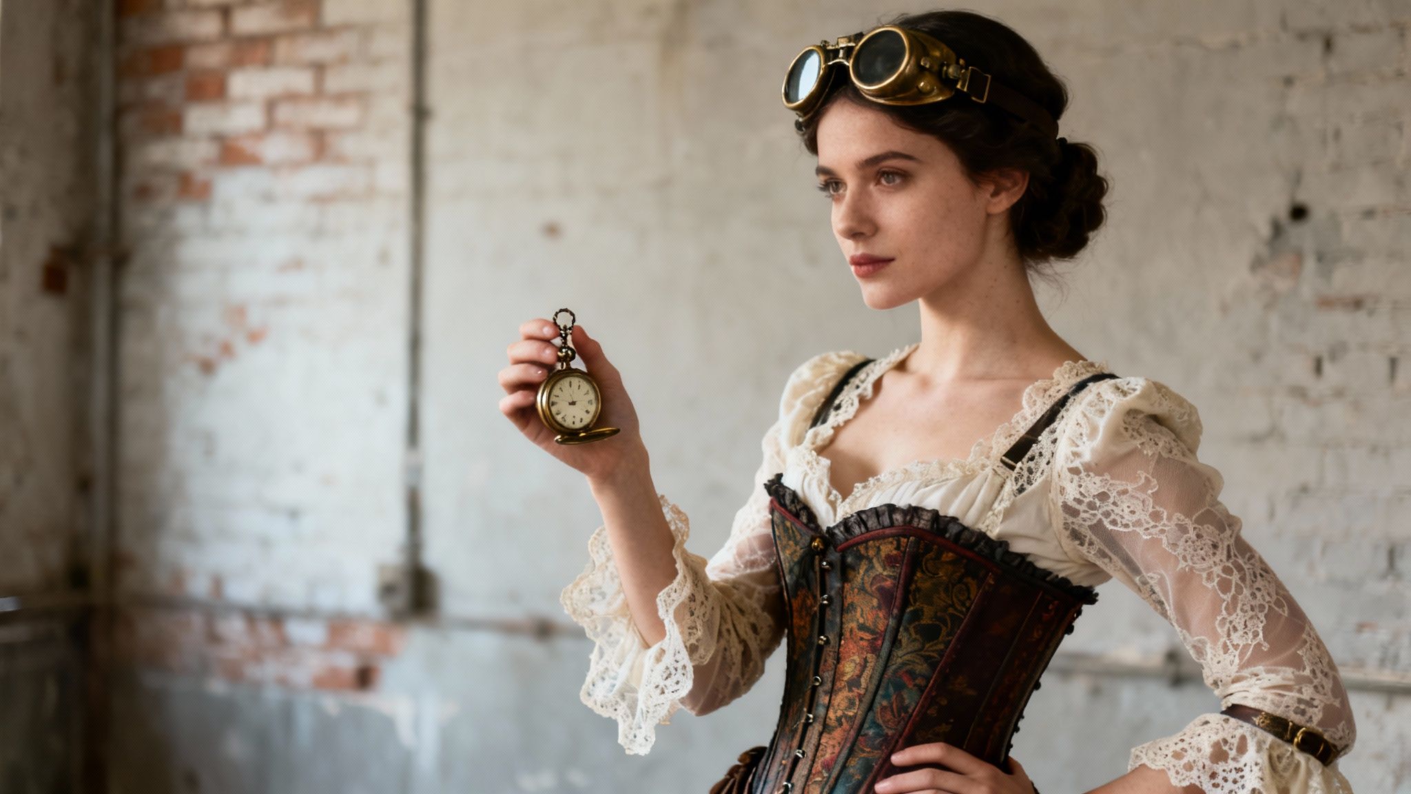Steampunk woman in a corset and goggles thoughtfully holds a gold pocket watch.