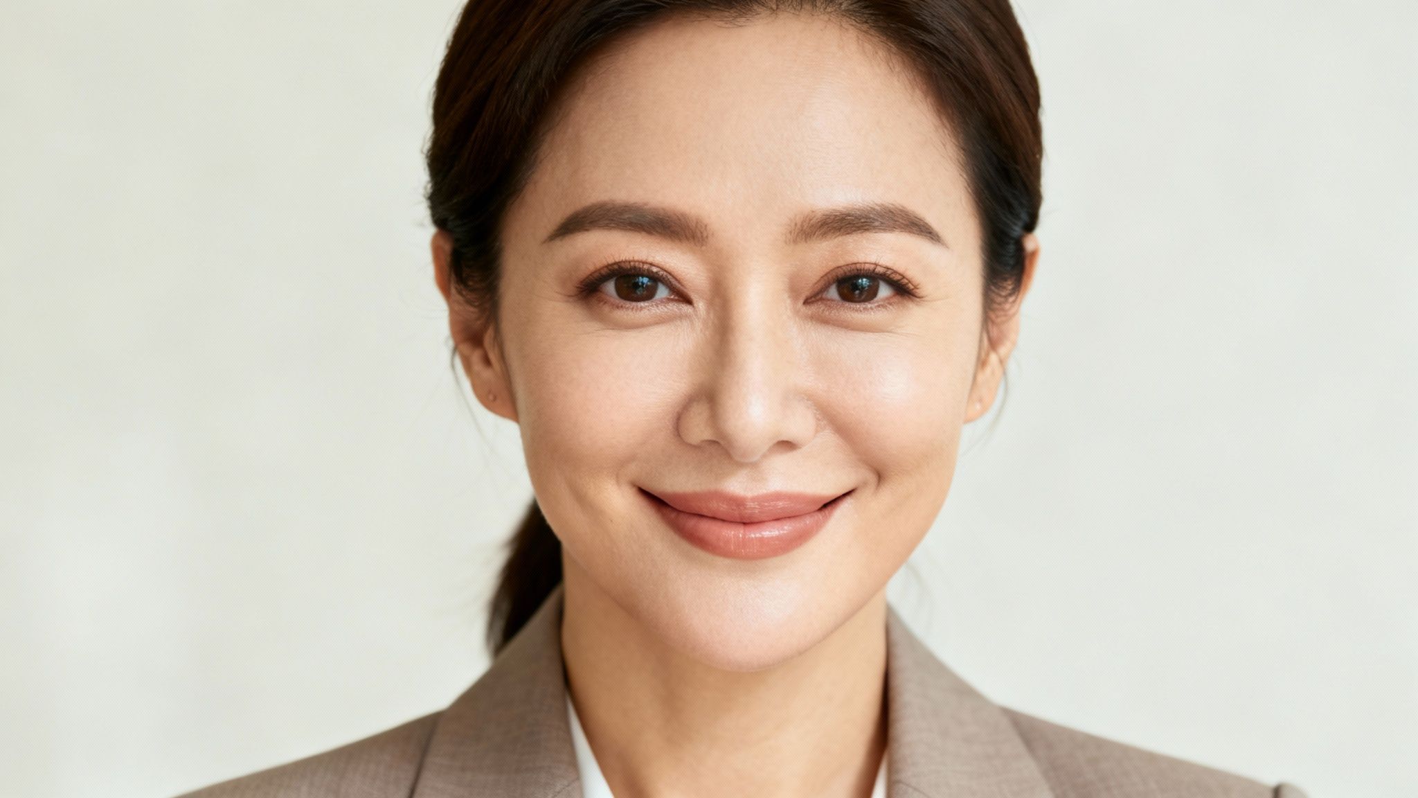 Close-up of a smiling Asian businesswoman with a professional demeanor, looking directly at the camera.