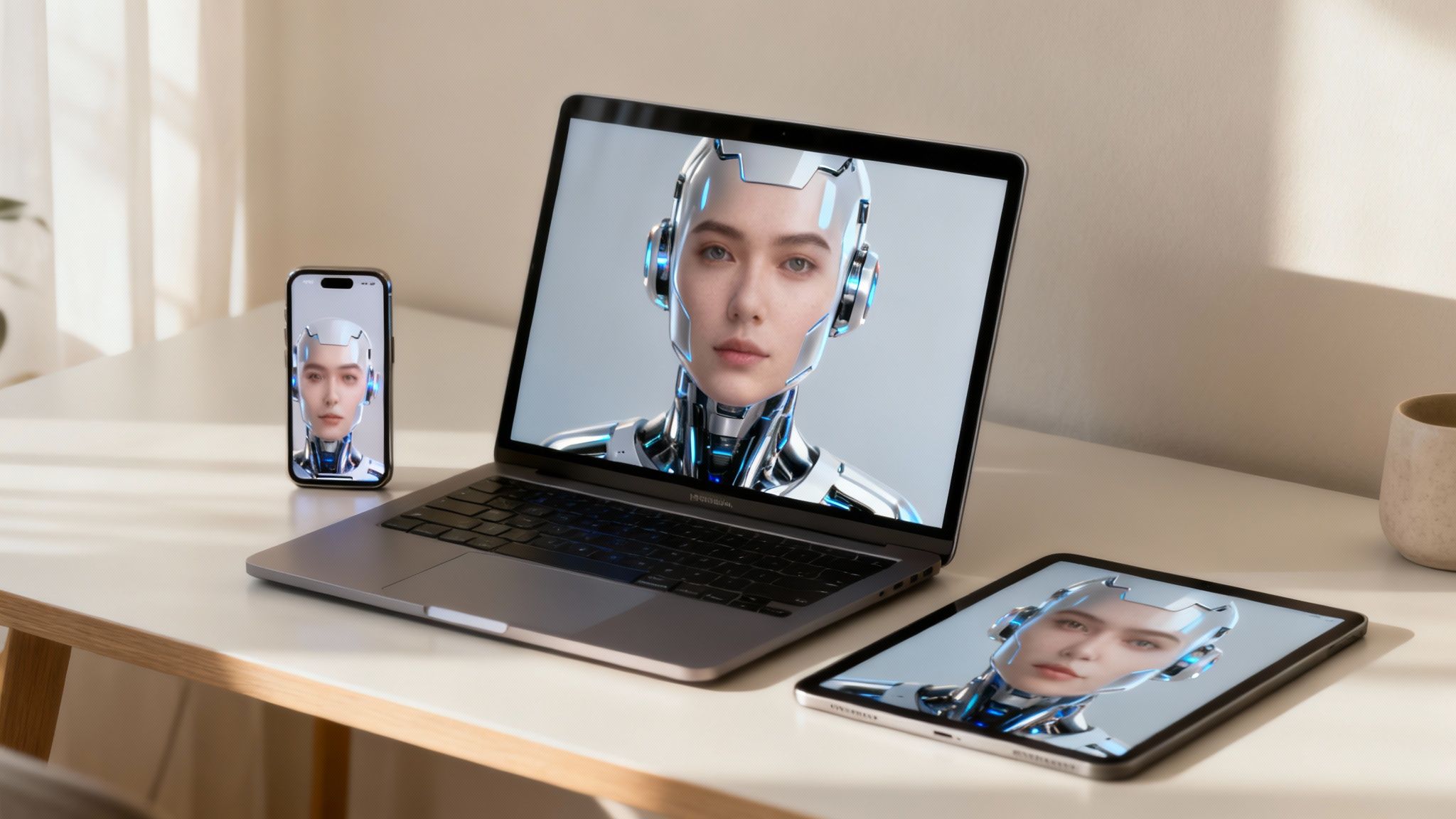A woman's AI-generated avatar used consistently across a phone screen, a tablet, and a laptop screen, showing social media, email, and a virtual meeting.