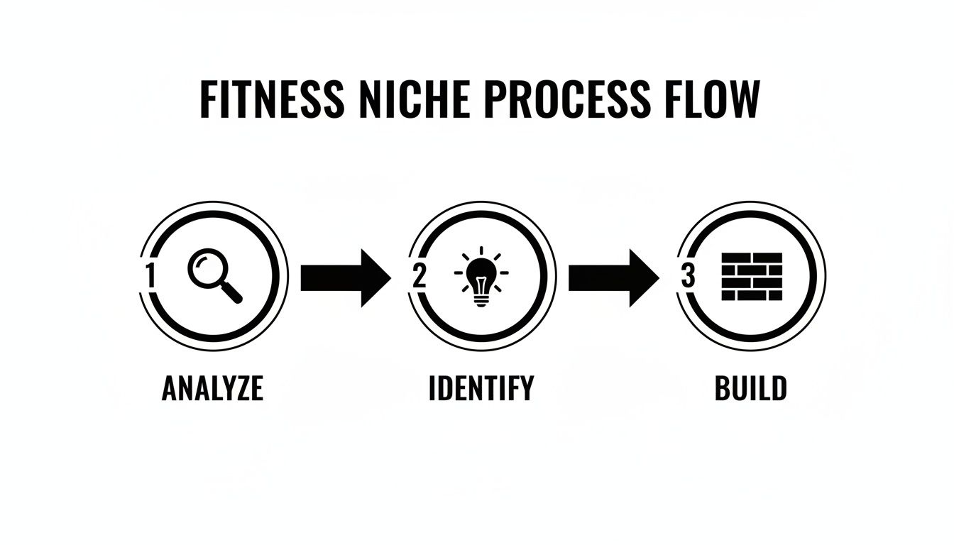 A three-step fitness niche process flow diagram with icons: Analyze, Identify, Build.