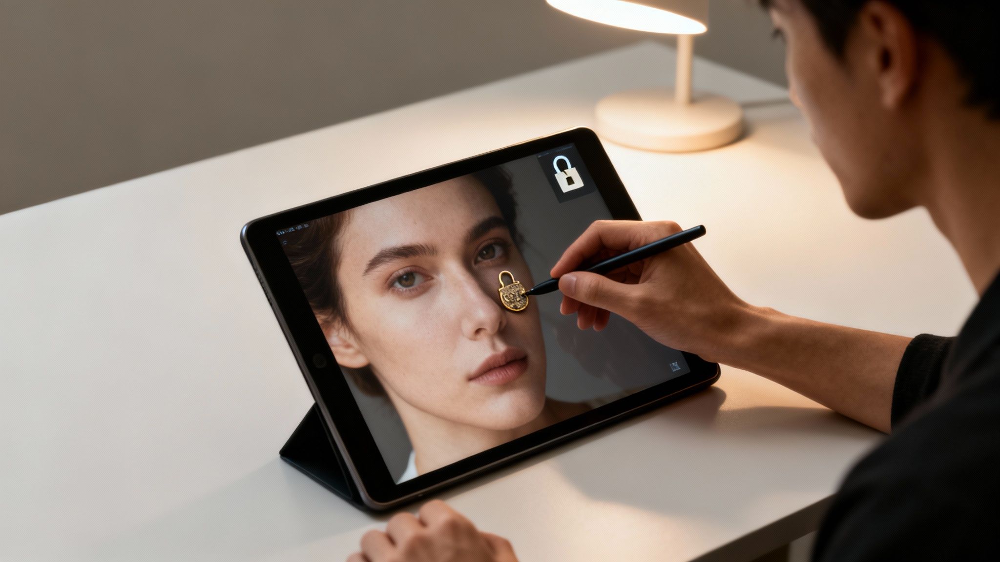 A person uses a stylus on a tablet showing a woman's face with a padlock icon, implying AI image manipulation.