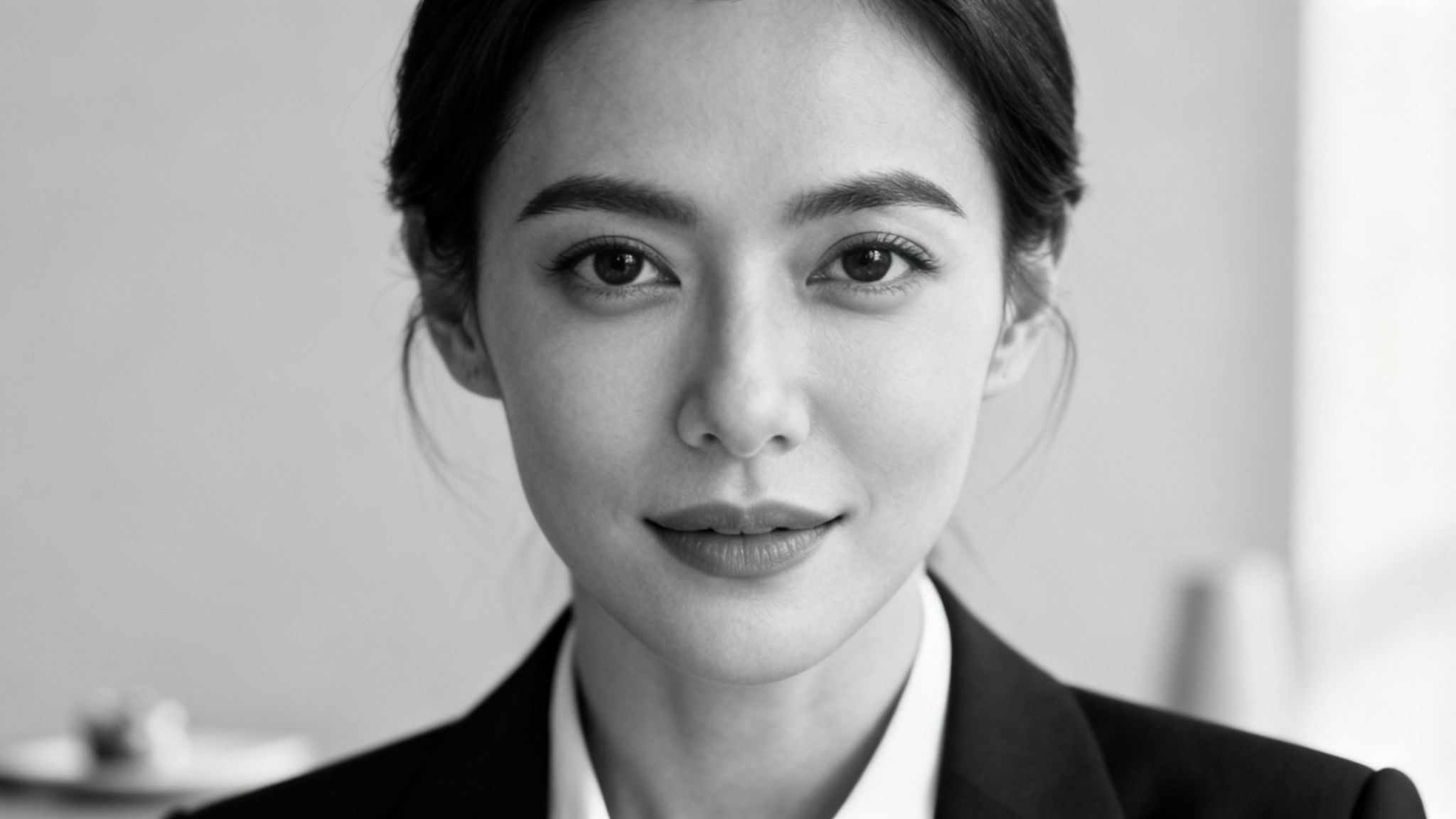 A striking black and white headshot of a woman with a confident expression, showcasing the power of monochrome portraits.