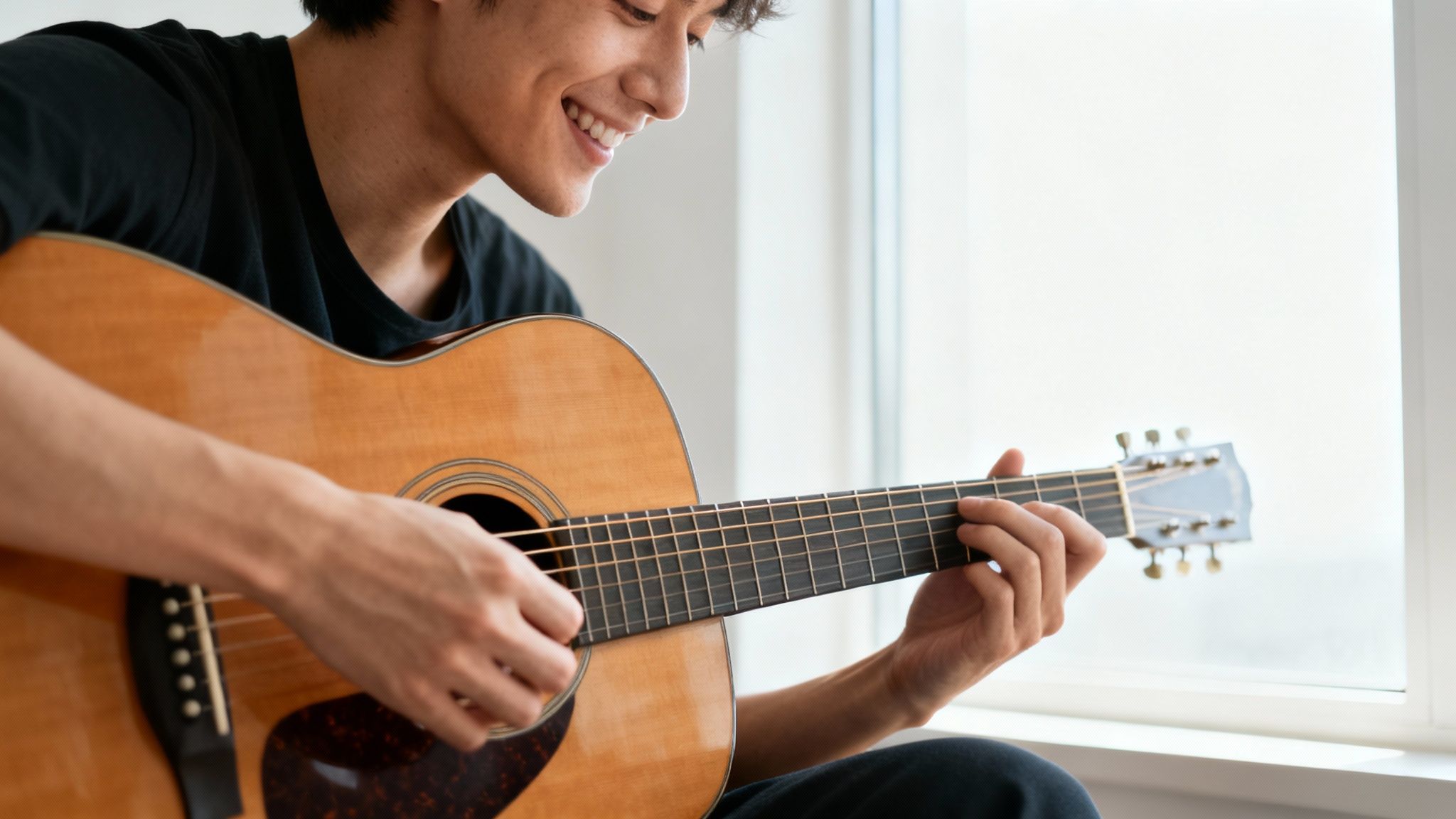 A smiling young man playing an acoustic guitar indoors, looking happy and relaxed.