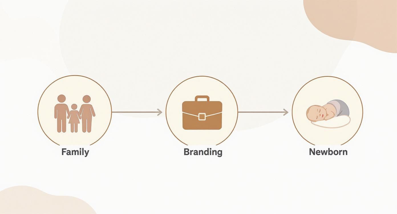 A visual flow showing three icons: a family, a briefcase for branding, and a sleeping newborn baby.