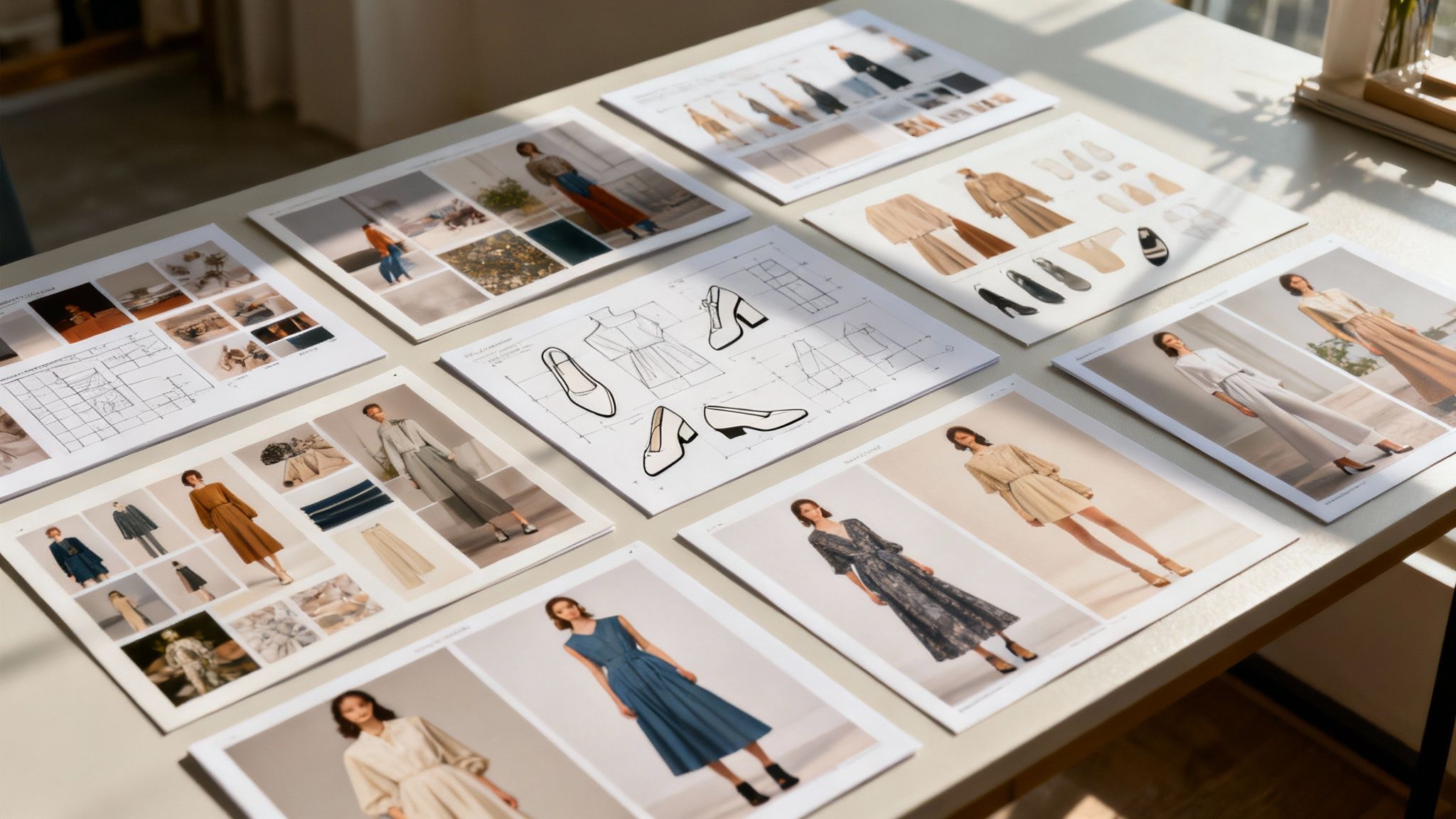 A person carefully laying out fashion sketches and fabric swatches on a large table.