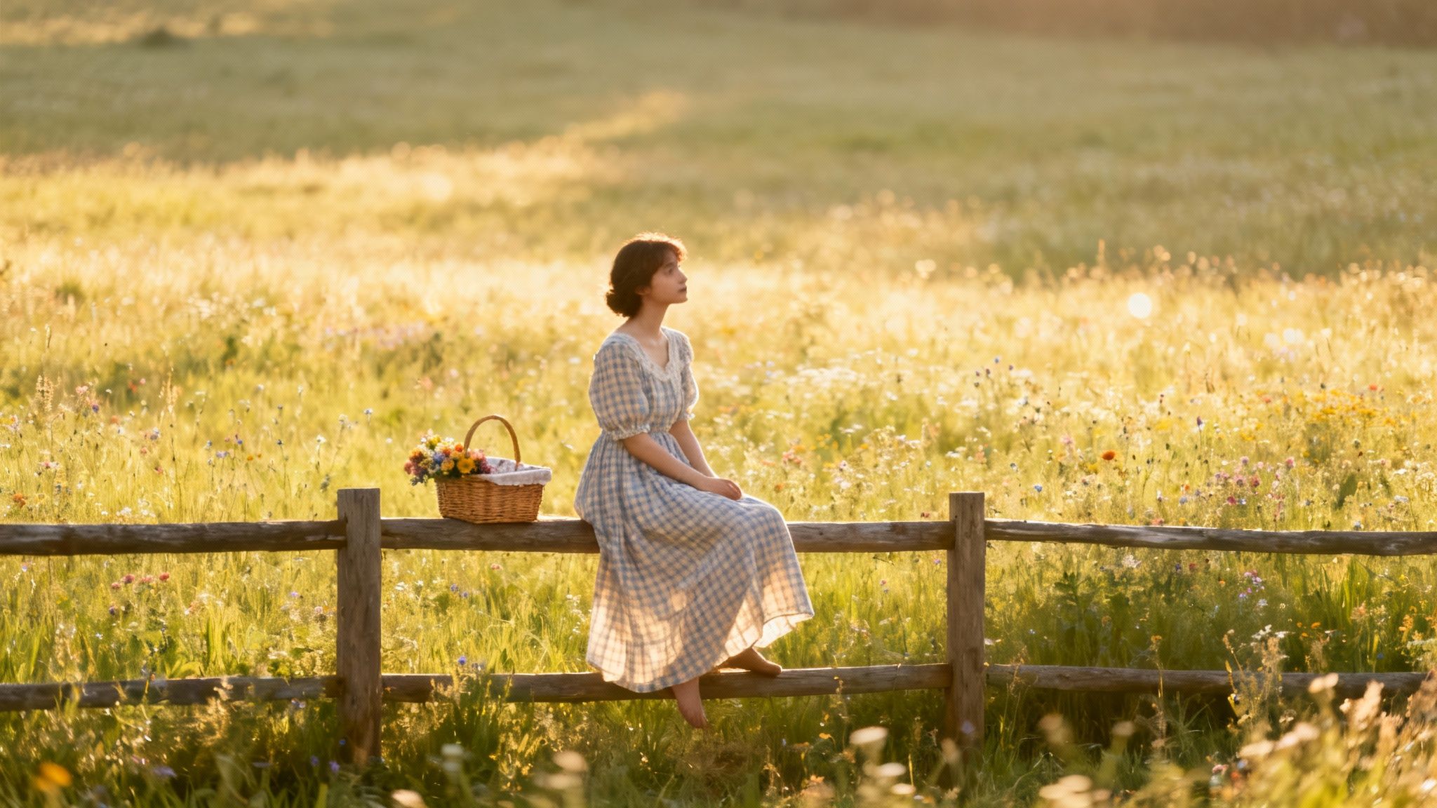 Young woman in a plaid dress sits on a fence in a sunlit meadow with a basket of flowers.