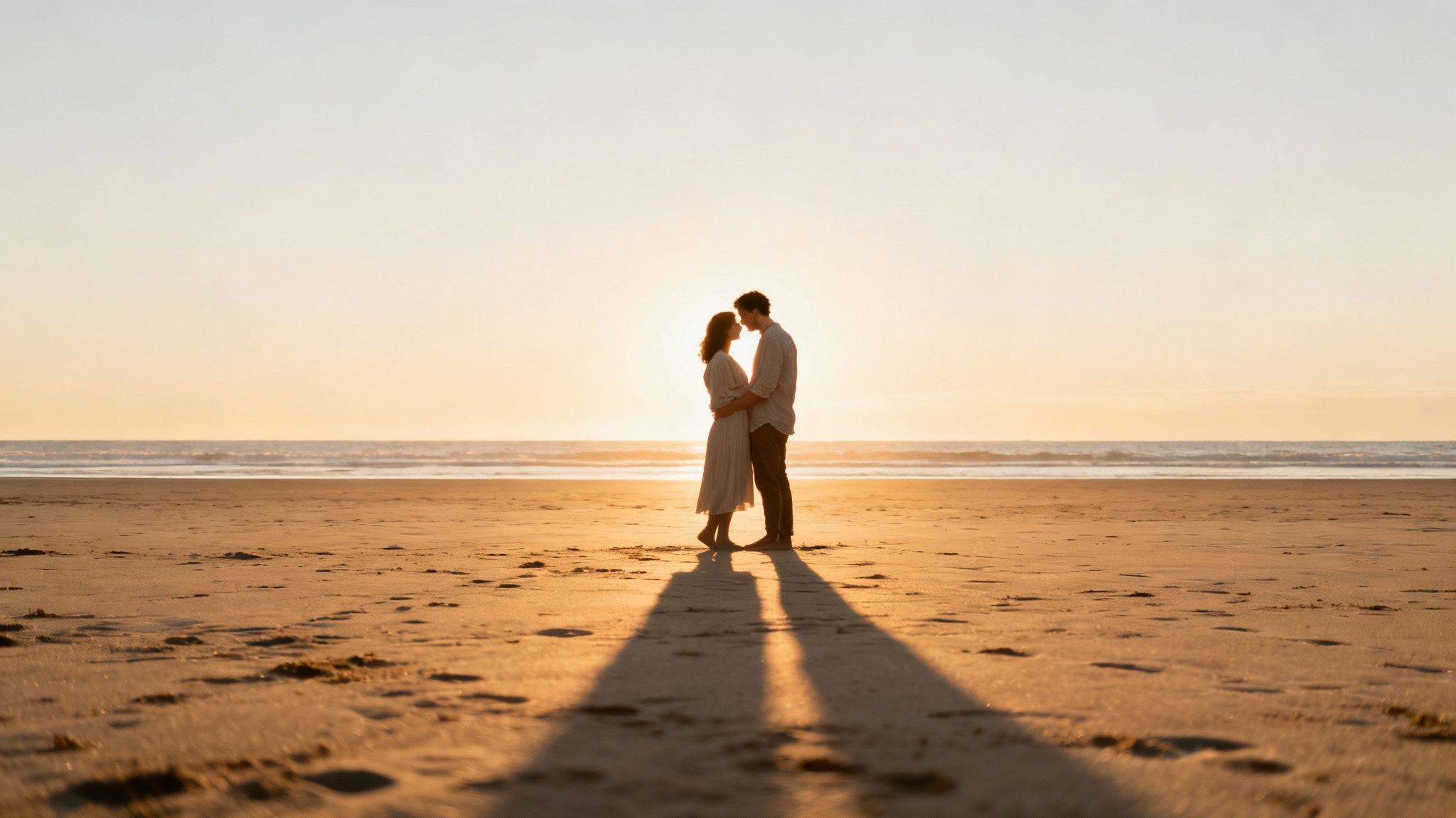 Romantic couple embracing on sandy beach at golden hour sunset with ocean waves