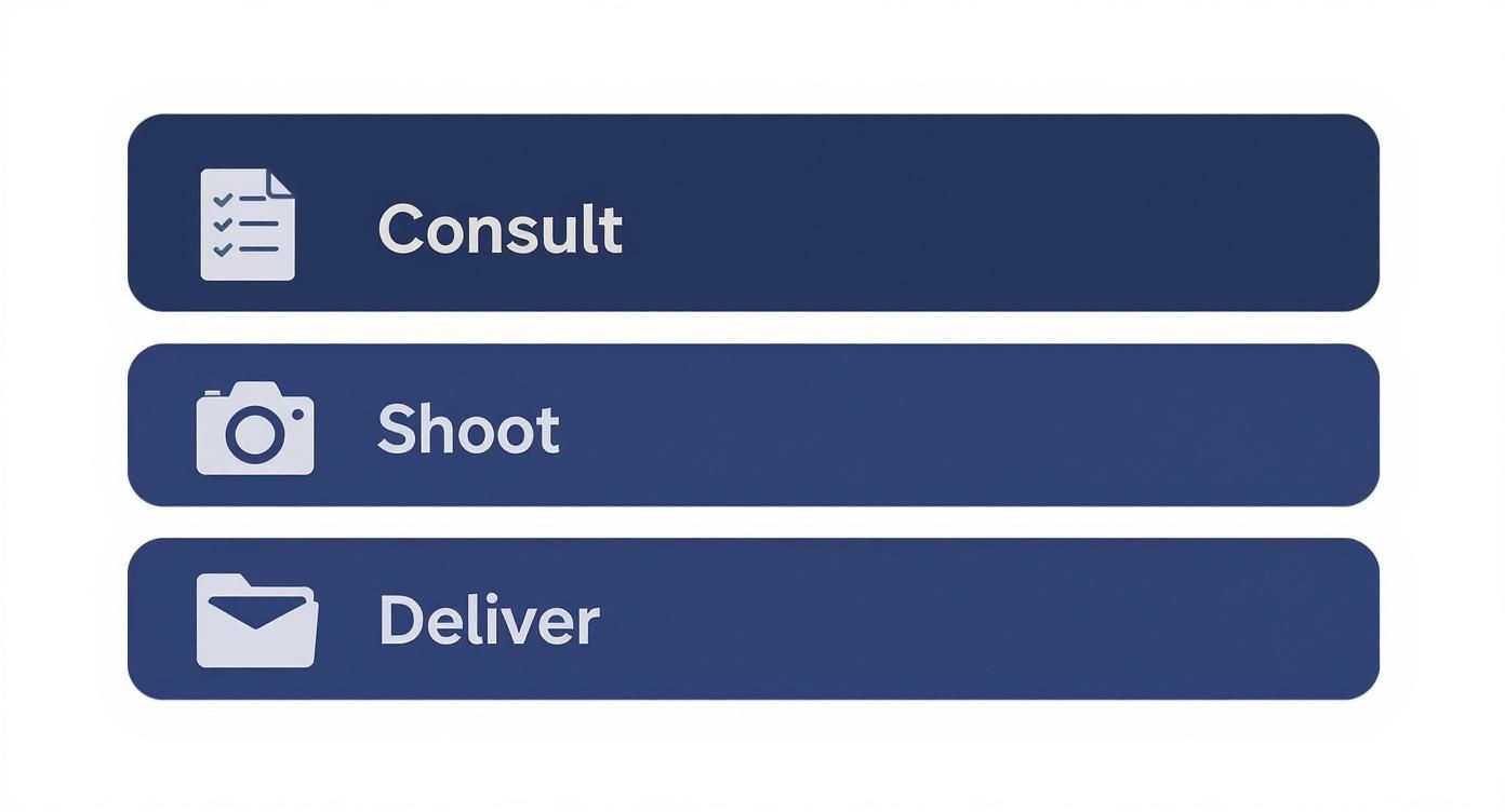 Three-step workflow process showing consult, shoot, and deliver phases with icons for photography services