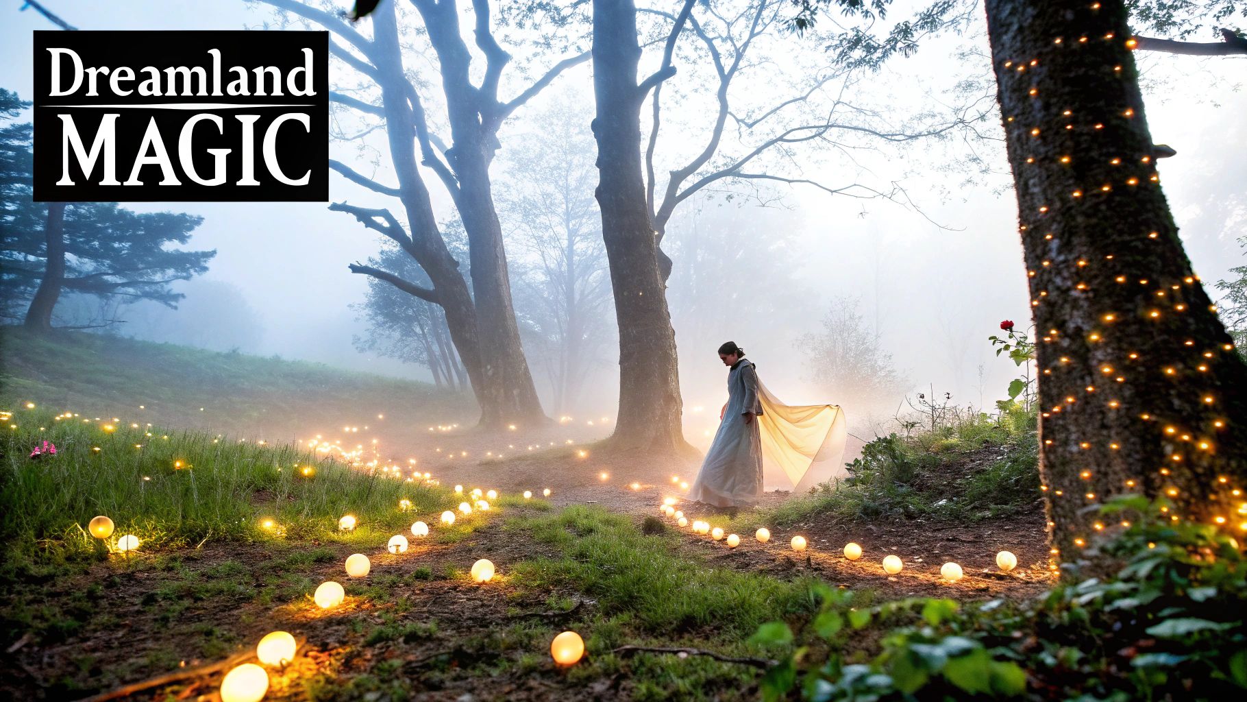 A woman with elf ears in a white dress, embodying a fantasy photoshoot theme.