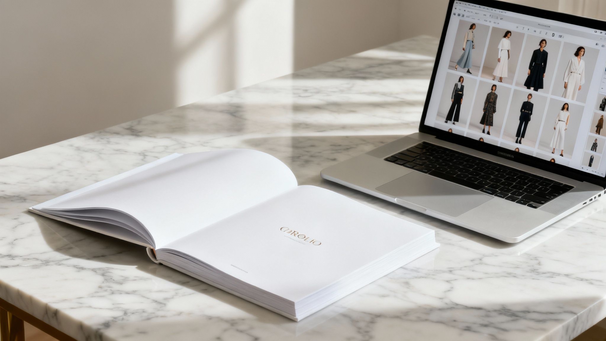 A person browsing a digital fashion portfolio on a tablet, with a physical portfolio book open nearby.