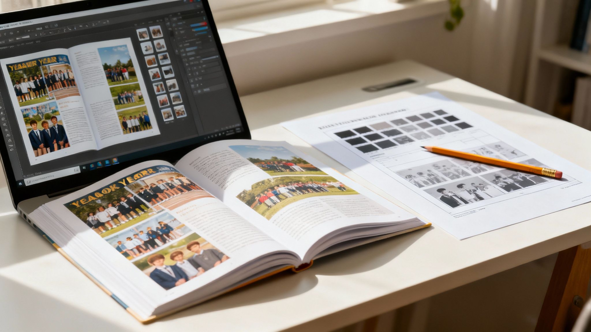 A person reviewing a yearbook layout on a computer screen, with colorful portraits and text.