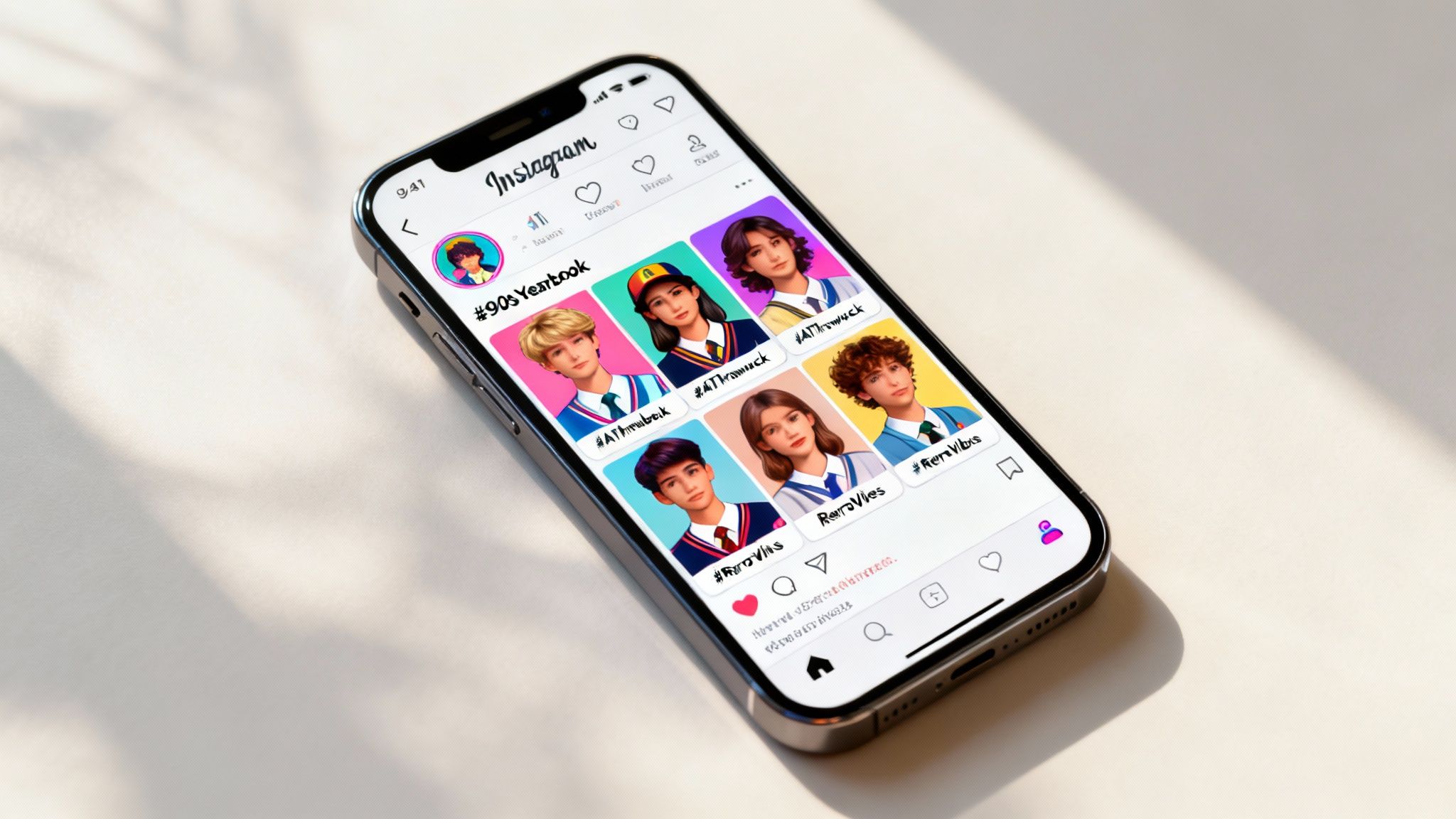 A social media grid showing a variety of AI-generated 90s yearbook photos, with likes and comments visible.