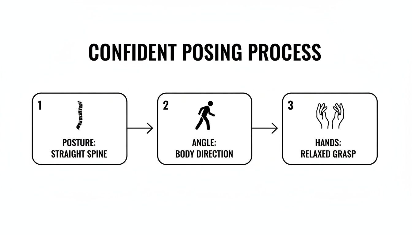 Flowchart illustrating the confident posing process: straight spine, body direction, and relaxed hands.