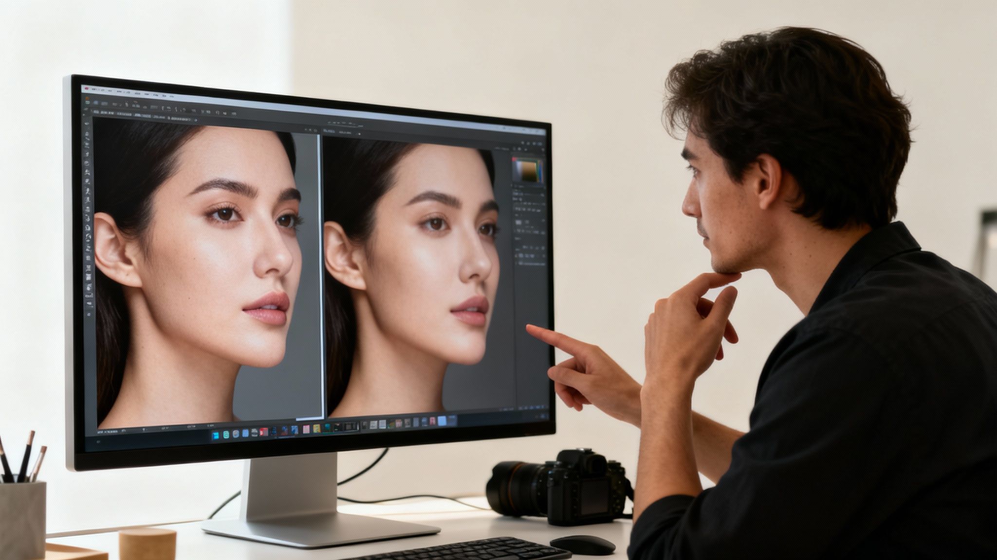 Man pointing at a computer screen displaying before and after photo edits of a woman's face.