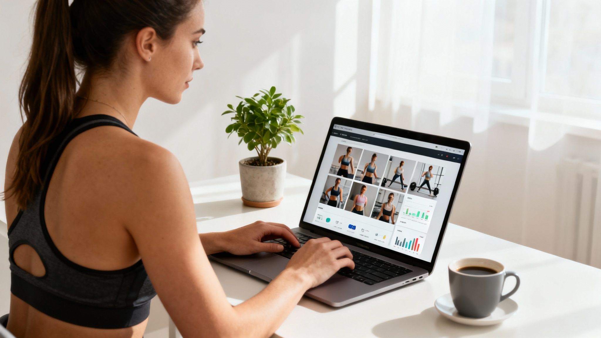 Young woman in activewear typing on a laptop with fitness content and analytics on screen.