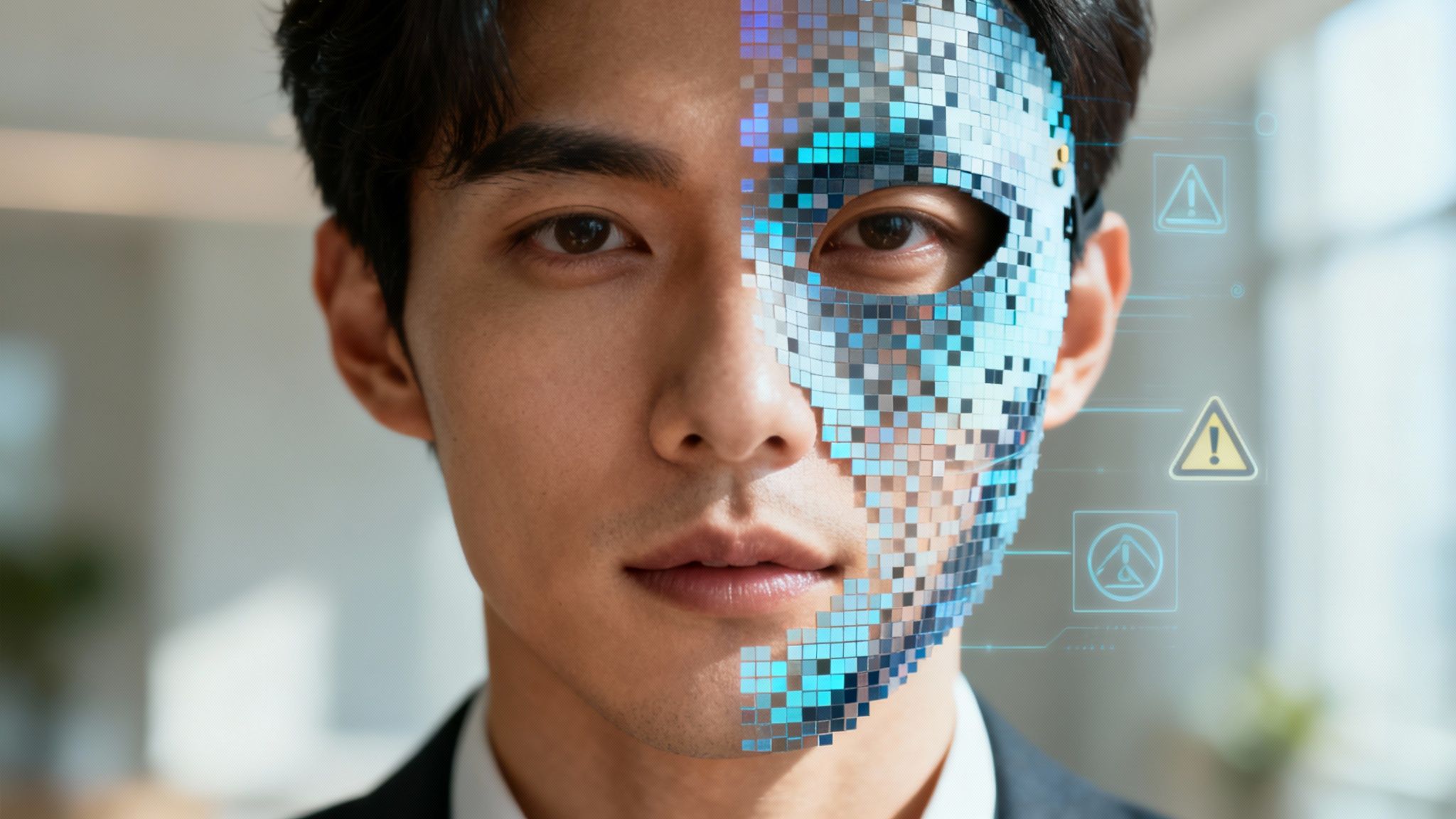 A balanced scale with a brain on one side and a digital circuit board on a white background, symbolizing ethics in AI.