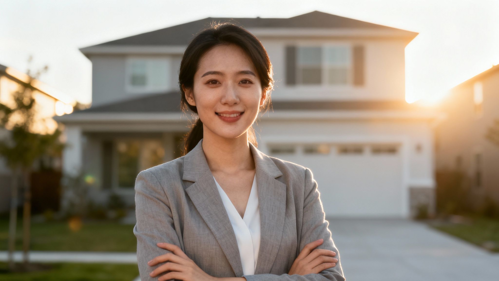 Smiling Asian real estate agent stands confidently in front of a modern house at golden hour.