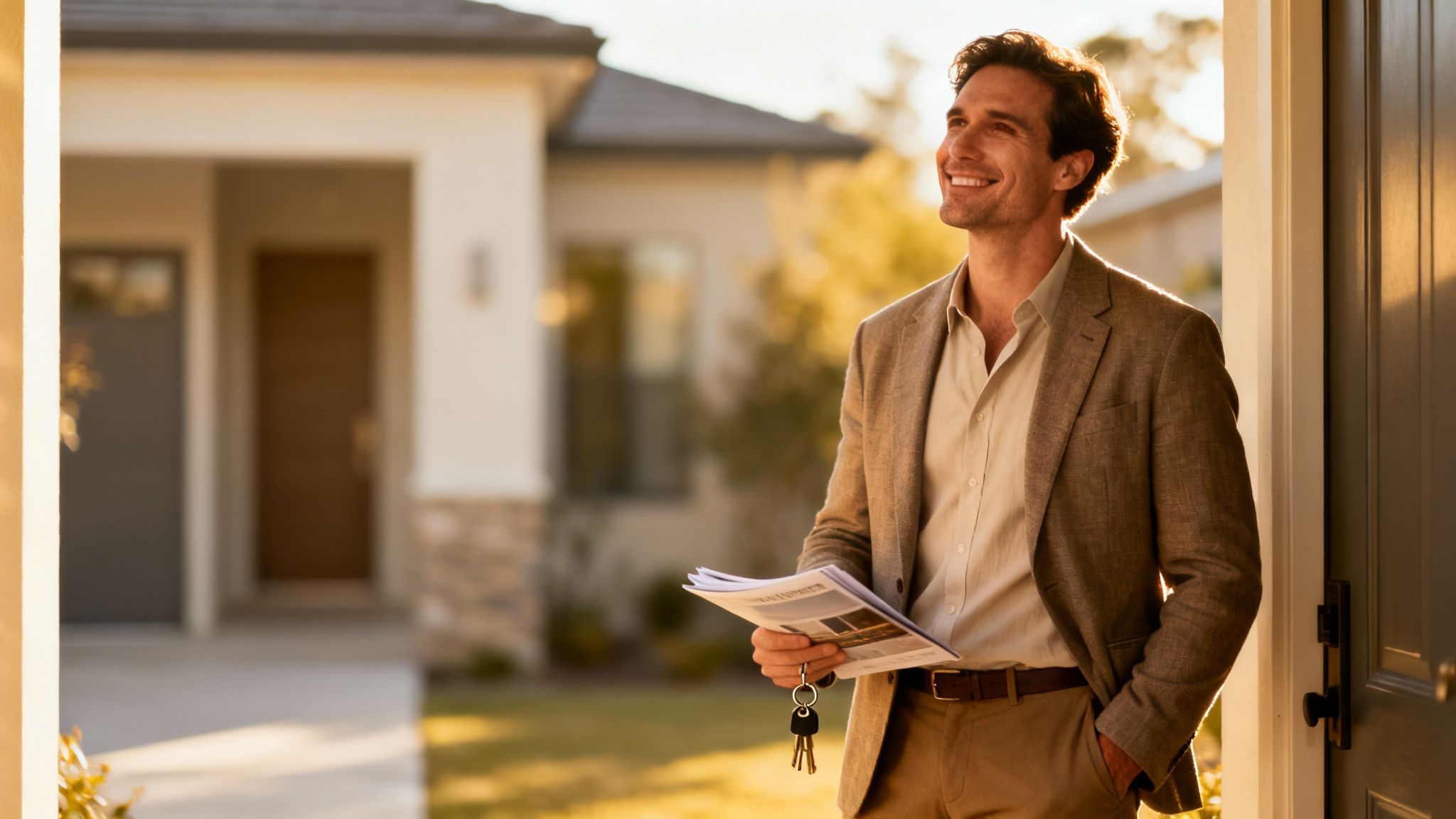A smiling real estate agent stands outside a new house, holding property papers and keys.