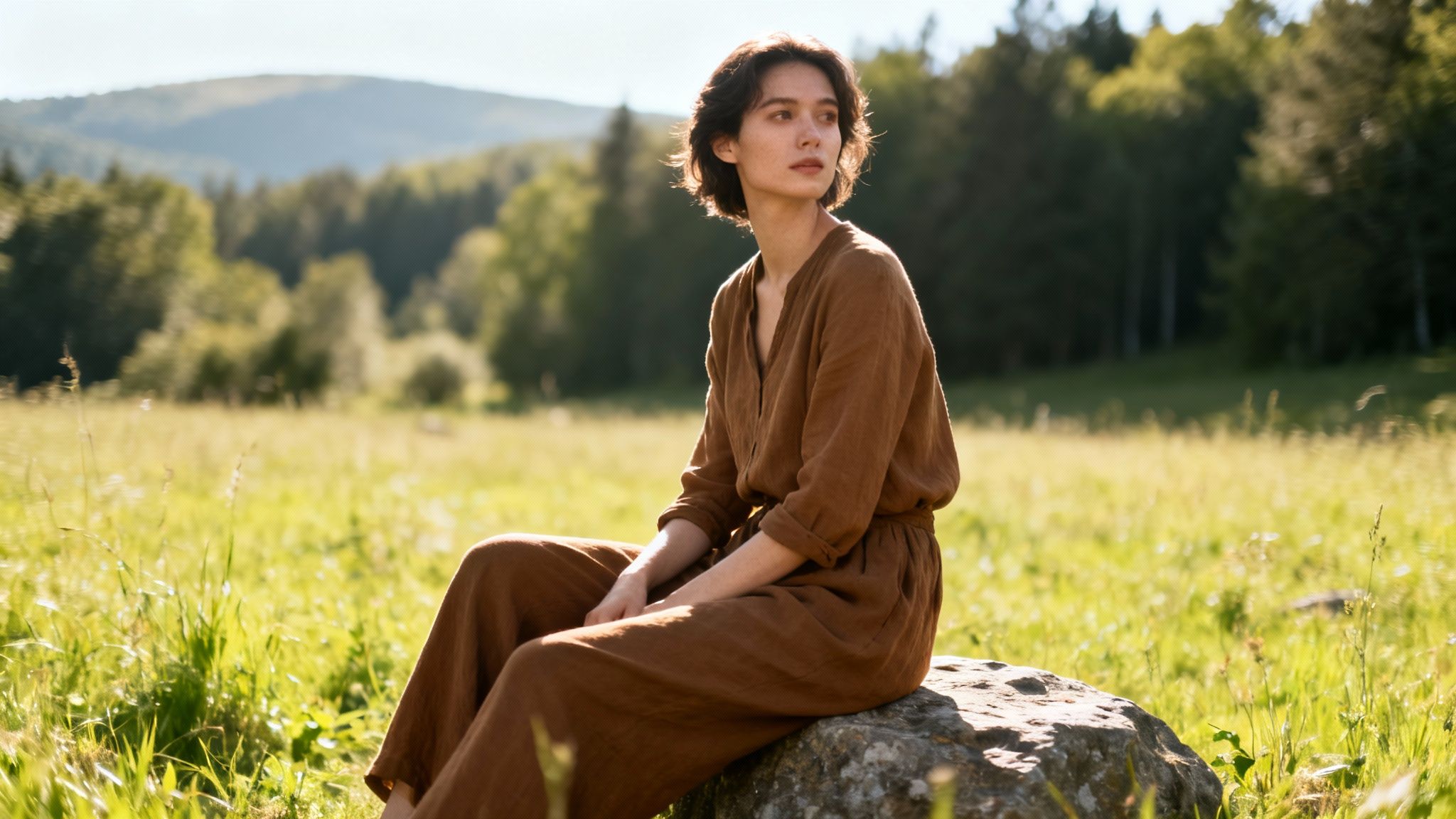 A thoughtful person in a brown jumpsuit sits on a rock in a sunny, green field.