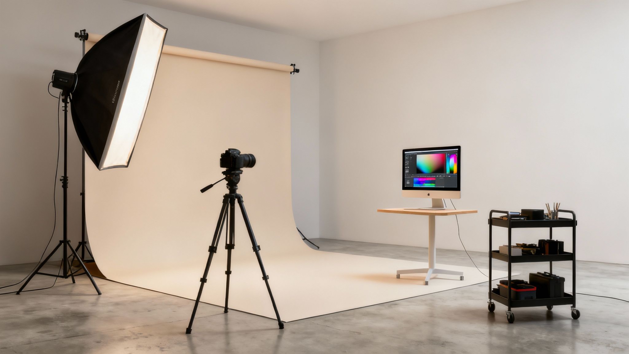 A professional photographer adjusting lighting in a quality photo studio.