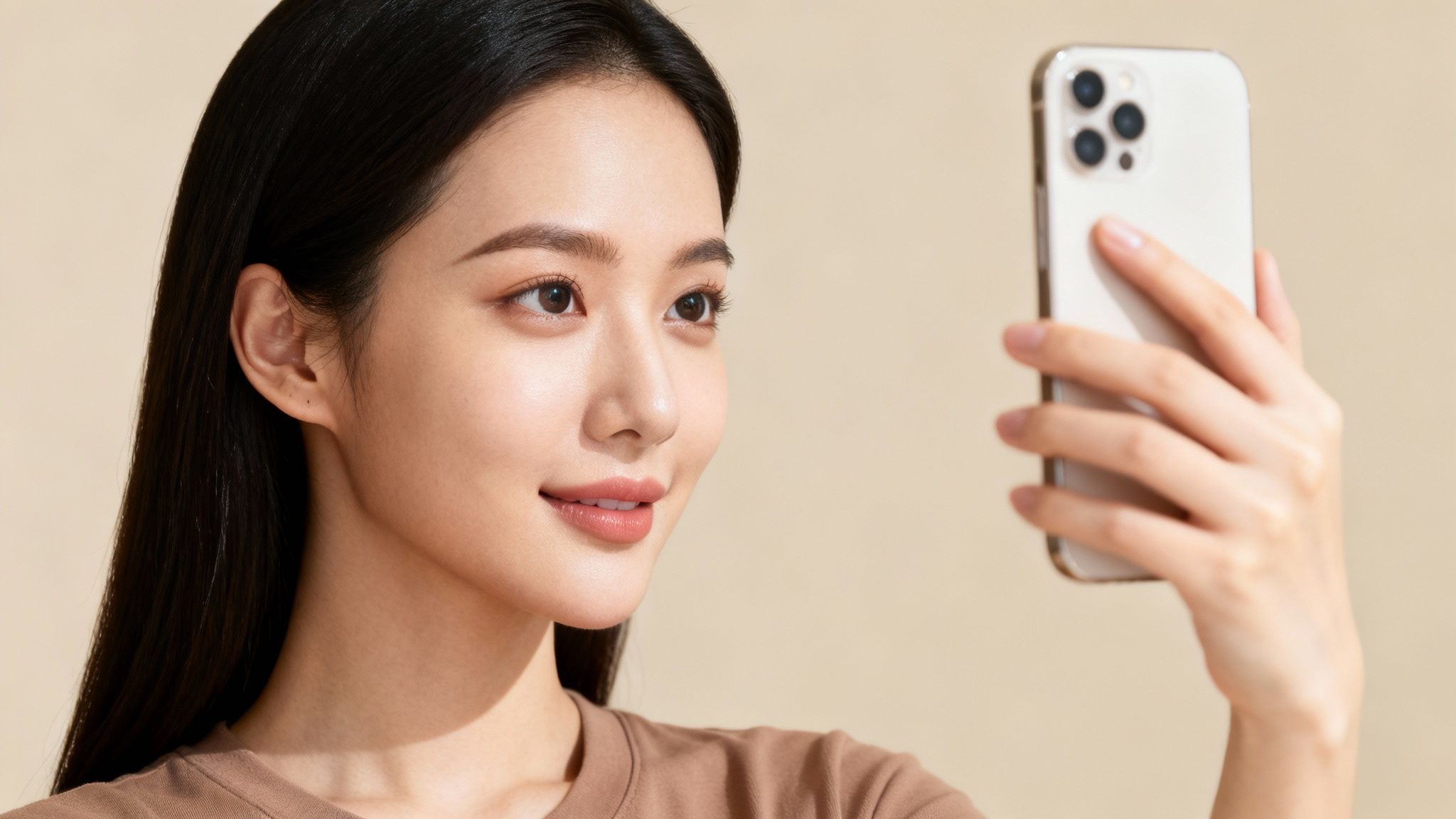 Smiling young Asian woman in a brown shirt taking a selfie with a smartphone.
