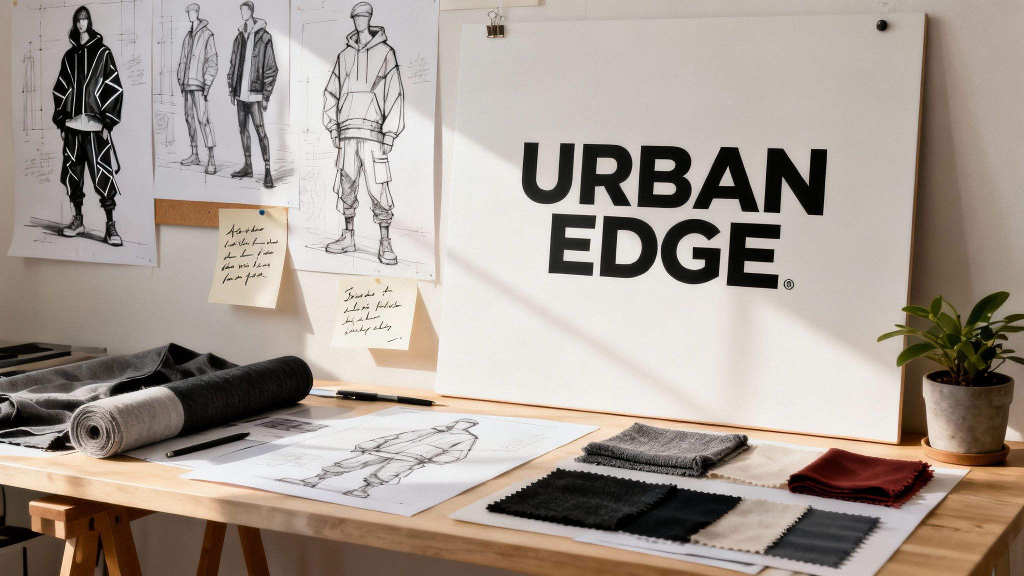 A fashion designer sketching new clothing designs at a desk.