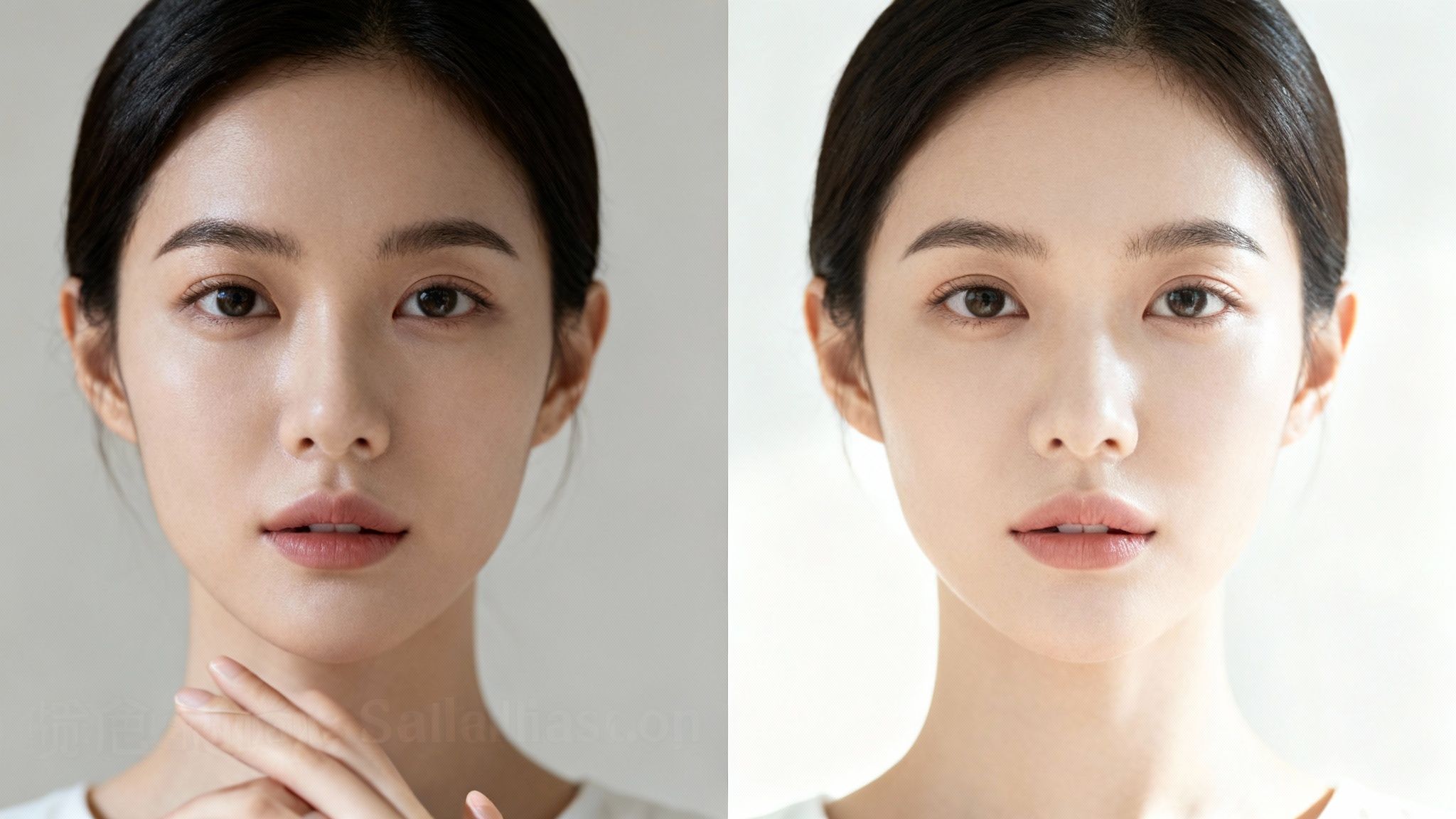 Two close-up portraits of an Asian woman with natural makeup, highlighting her clear skin and calm expression.