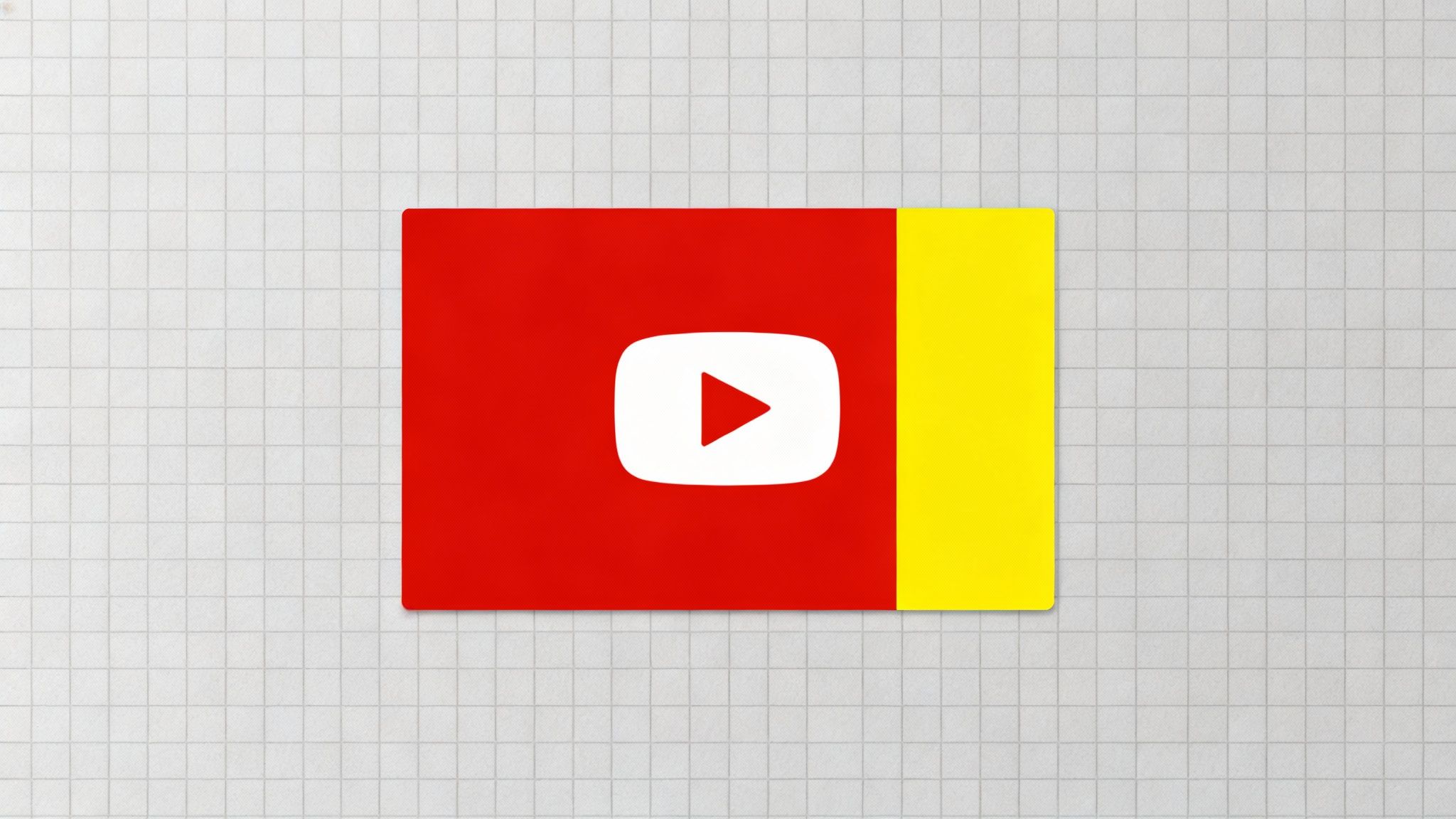 A red card featuring a white YouTube play button logo and a yellow strip, on a grid background.