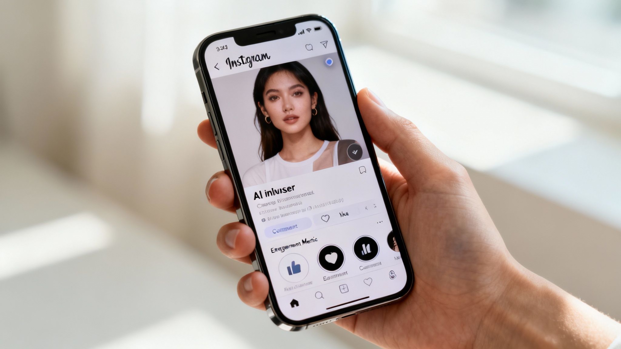 A person holds an iPhone displaying an Instagram profile of an AI-generated influencer, with engagement metrics.