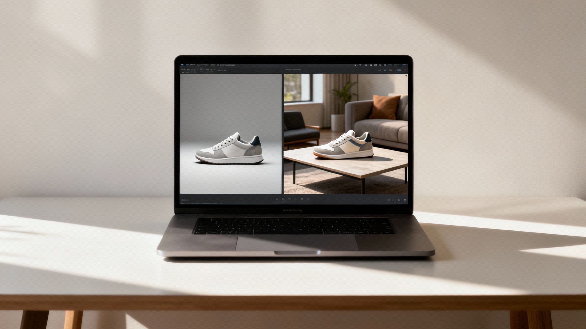 A laptop on a desk displays AI-generated images of a white and grey sneaker in different settings.