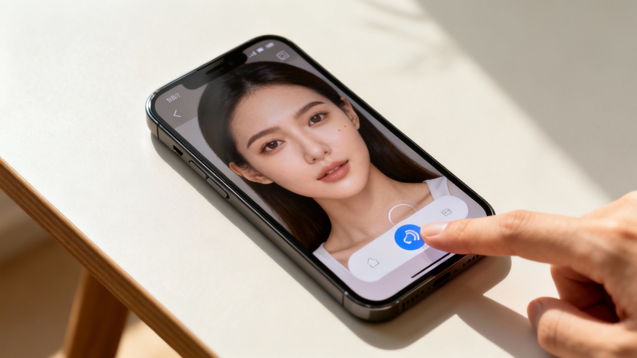 A hand taps a smartphone screen showing a woman's face and photo editing controls.