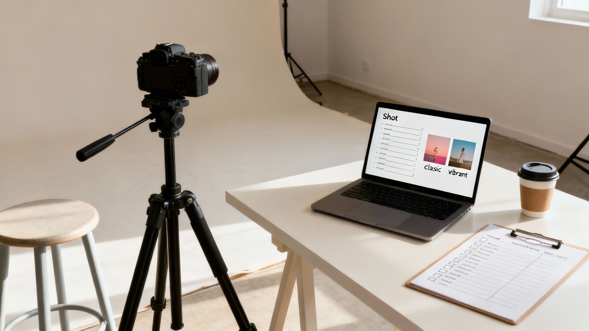 Photography workspace with camera on tripod, laptop displaying editing software, and production checklist